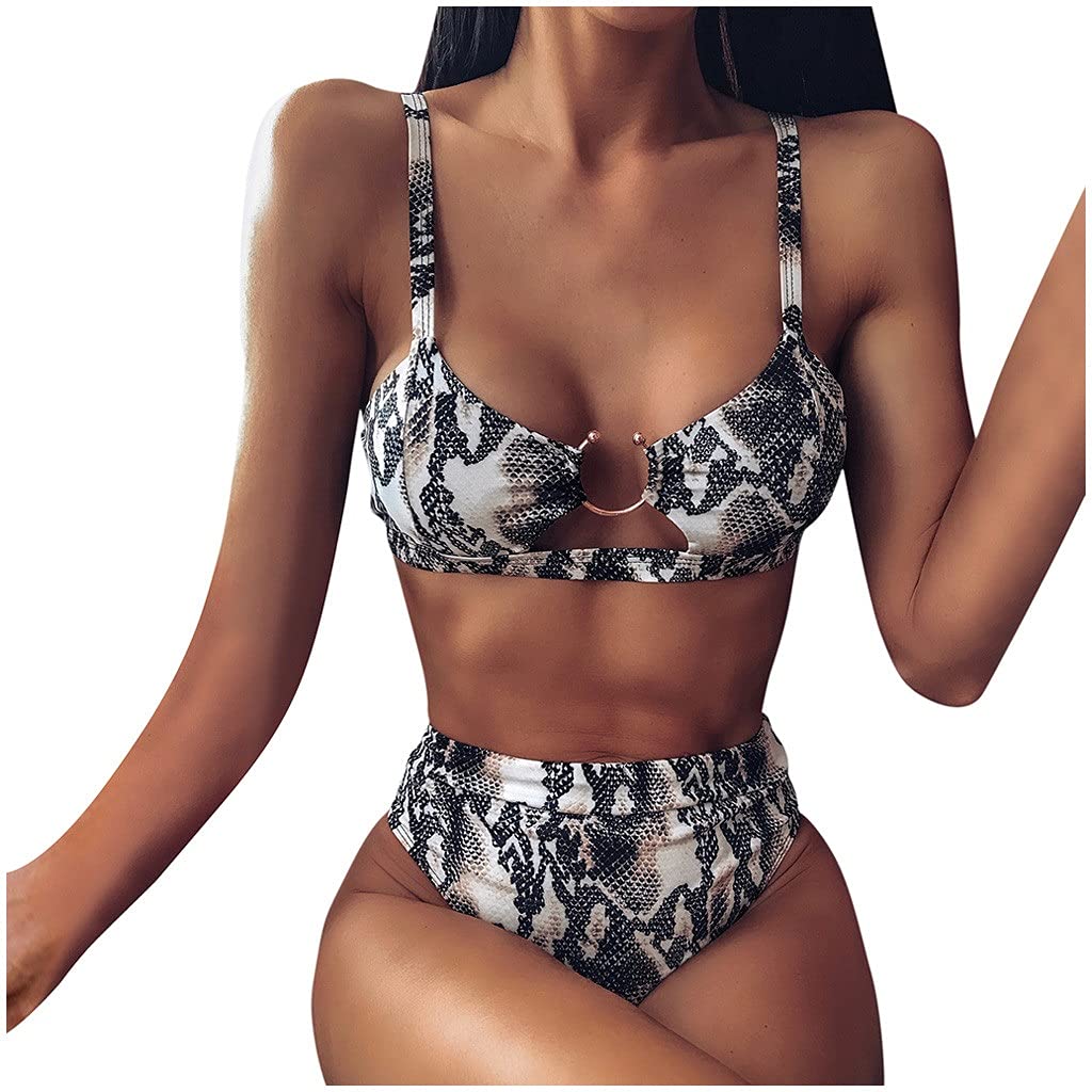 Sexy Leopard Print Women's Push Up Bikini Set - High Waist Padded Swimwear with Buckle Details | Summer Beachwear for Pool Party & Vacation (Gray, Medium)