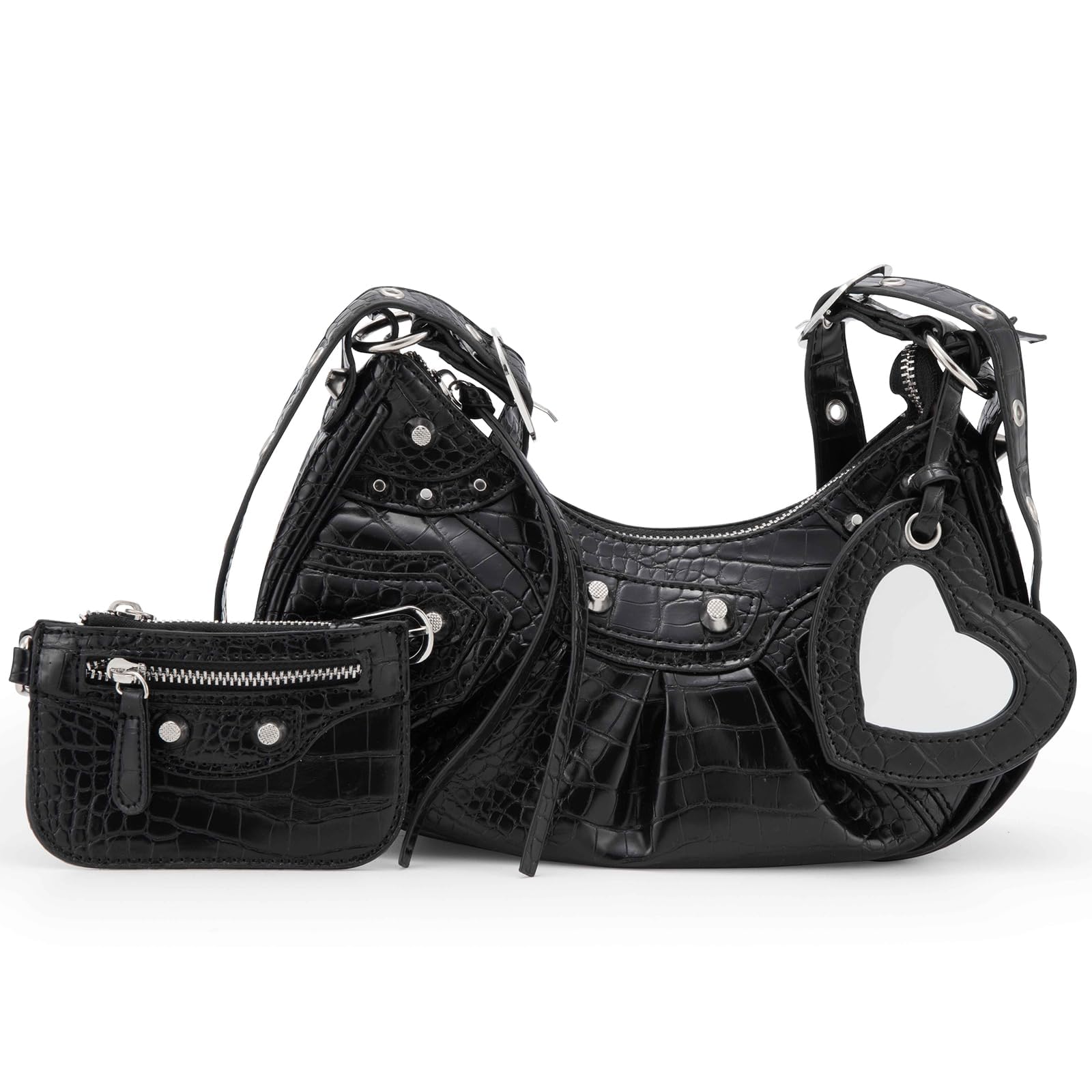 FCOOLYEET Y2K Punk Rivet Shoulder Bag for Women - Small Cute Crossbody Purse with Heart Mirror | Perfect for Concerts, Dating & Streetwear Fashion