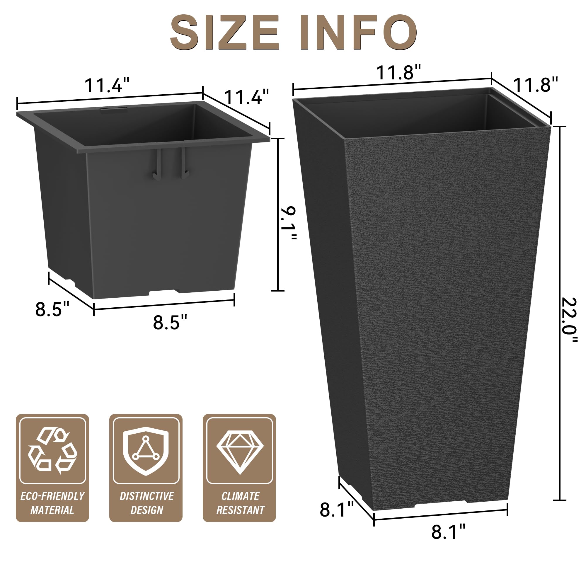 Kante 22 Inch Tall Planter Set of 2 - Large Tapered Flower Pots for Indoor & Outdoor Use, Garden, Patio, Front Door Decor (Black) | Perfect for Home, Office, and Commercial Spaces