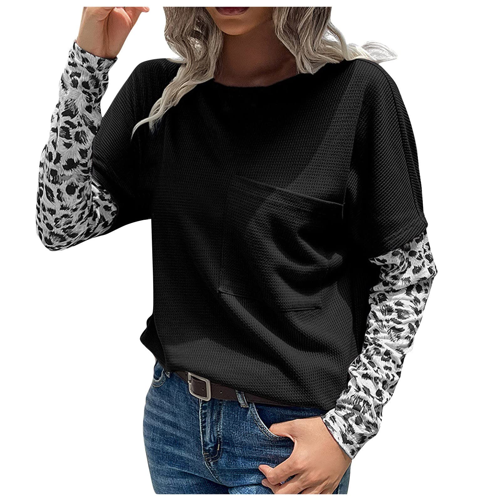 Women's Summer Waffle Knit T-Shirt - Crewneck Leopard Print Color Block Long Sleeve Loose Fit Tunic Top | Casual Wear, Beach Outfits & Everyday Fashion