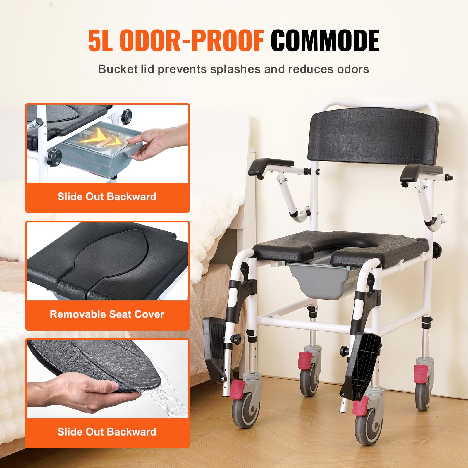 VEVOR Shower Commode Wheelchair with 4 Lockable Wheels & Adjustable Height - 350 LBS Capacity Commode Chair for Adults & Seniors - Ideal for Bathroom Safety, Elderly Care, and Post-Surgery Mobility Assistance