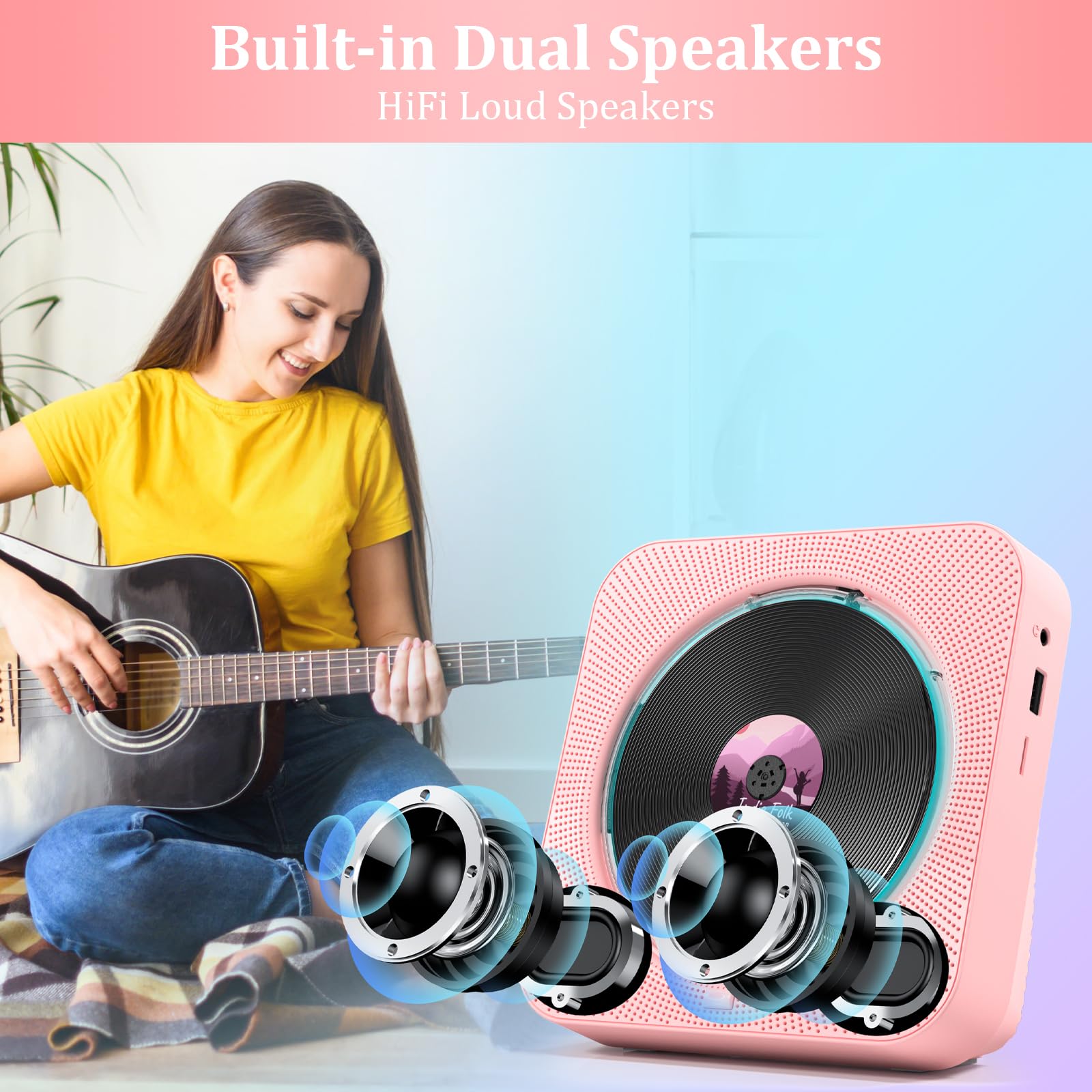 KOVCDVI Bluetooth 5.1 Desktop CD Player with 5W Dual Built-in Speakers, Remote Control, FM Radio, USB/SD/AUX Play - Pink | Perfect for Home Office, Bedroom & Living Room Entertainment