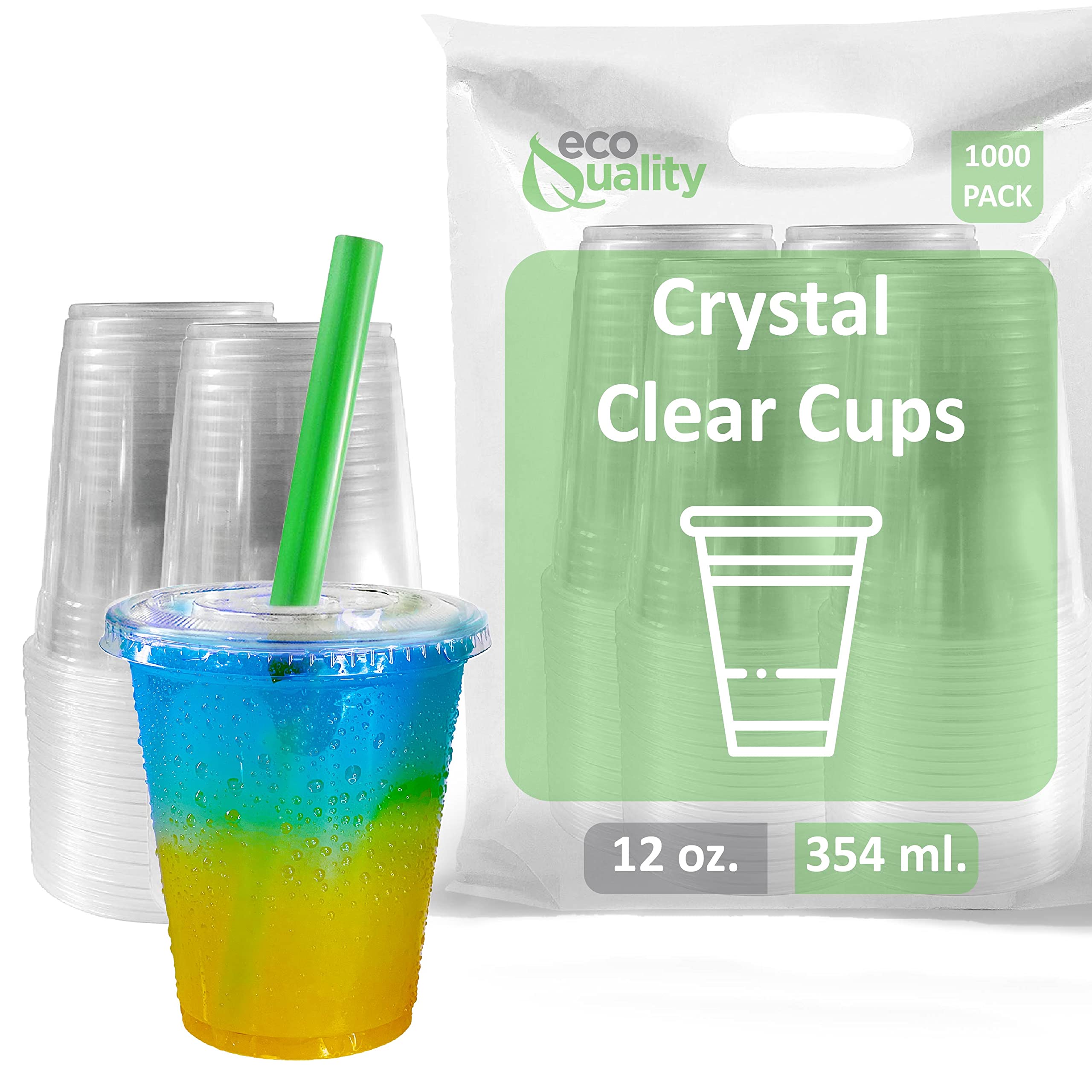 12 oz Clear Plastic Disposable Cups with Lids & Straws - 1000 Pack PET Drink Cups for Smoothies, Protein Shakes, Bubble Tea, Iced Coffee, Boba, Juice | Meal Prep, Parties, Cafes, Restaurants, Takeout