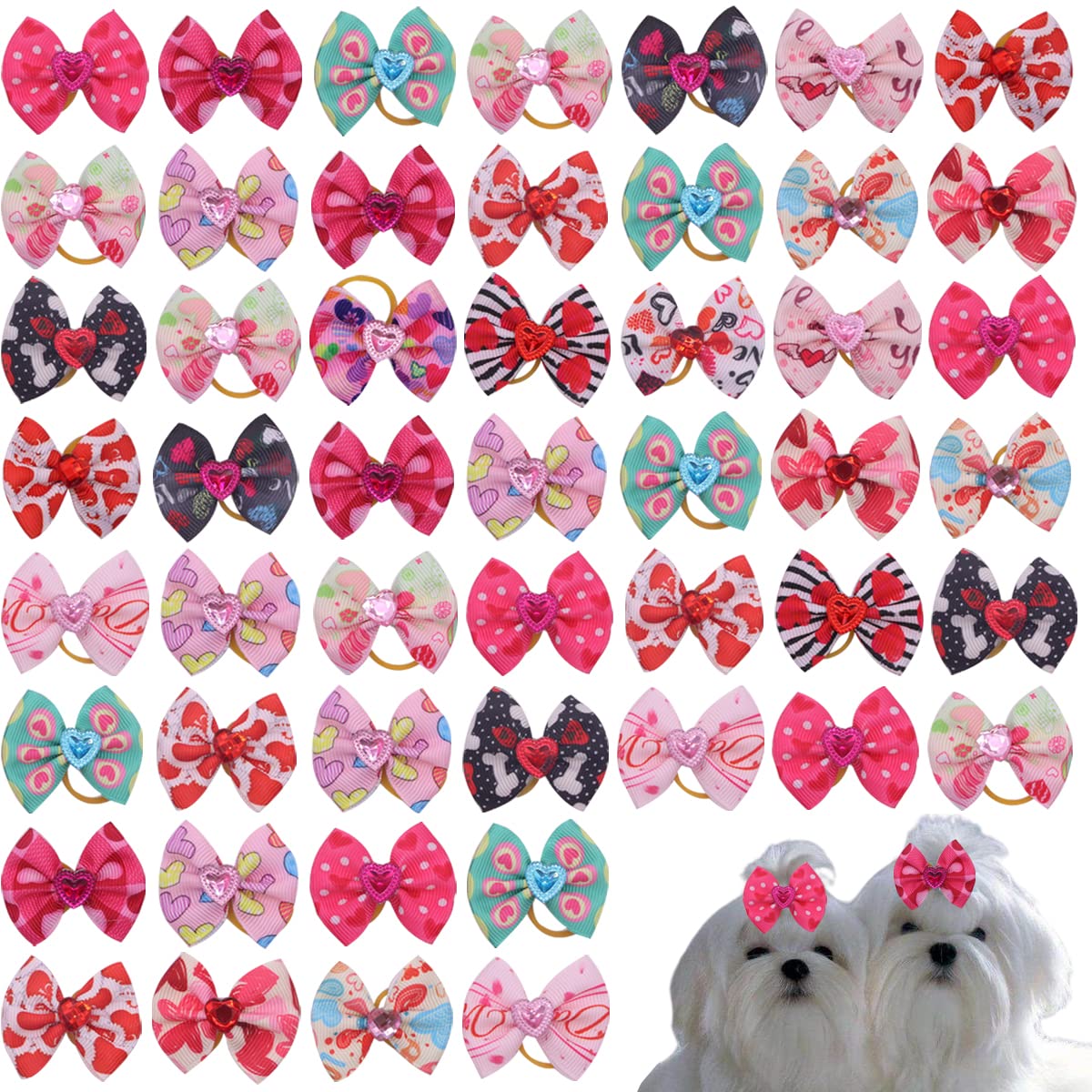 Valentine's Day Dog Hair Bows 50Pcs - Rhinestone Pet Hair Accessories with Rubber Bands for Puppy Grooming, Pink Dog Bows for Small Dogs (Random Colors) - Perfect for Valentine's Day Parties, Pet Photos & Special Occasions