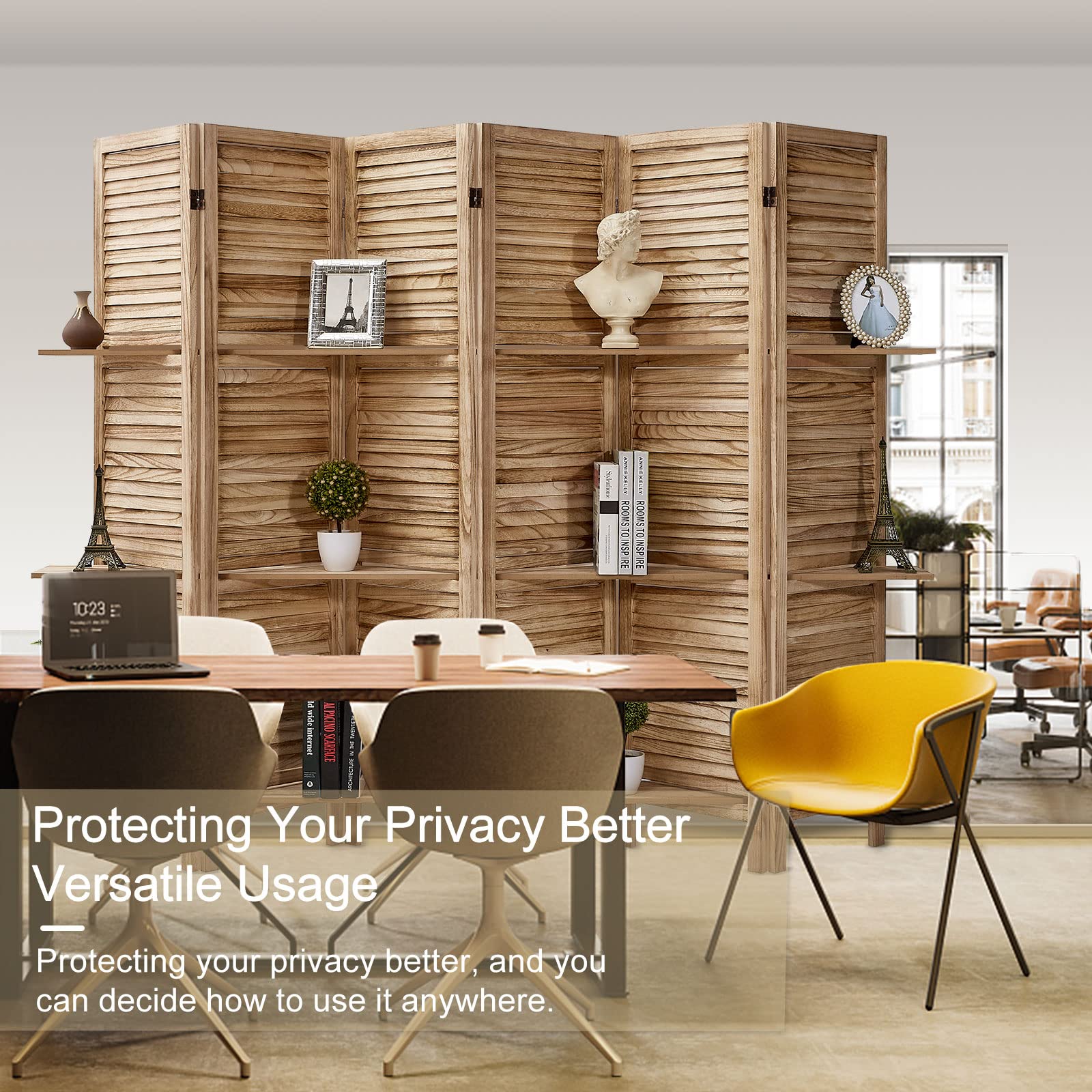 5.6 Ft Tall Wood Room Divider Panel - Folding Privacy Screen with Shelves for Home & Office - Natural Finish 6 Panel - Perfect for Living Room, Bedroom, or Workspace Partition