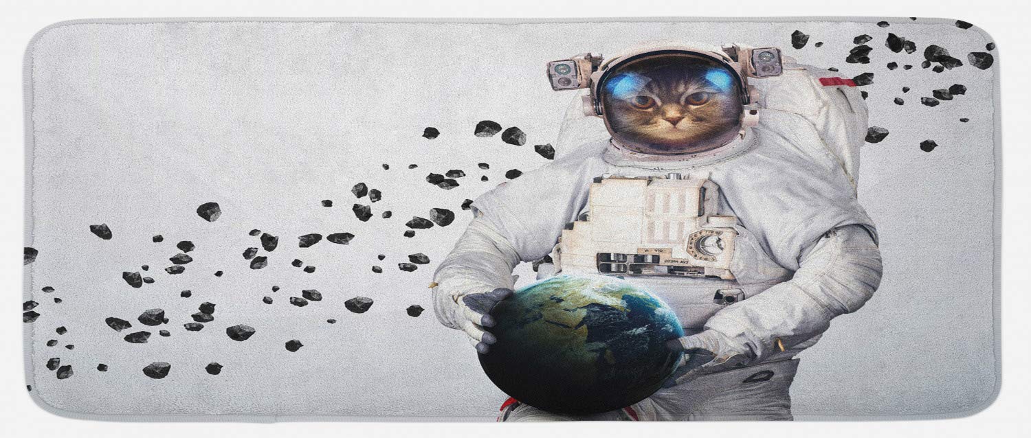 Ambesonne Space Cat Kitchen Mat - Astronaut Kitten in Space Suit Holding Planet with Galaxy Design, Non-Slip Plush Decorative Rug for Kitchen, Bathroom or Entryway (47x19 Inches, White Black Blue)