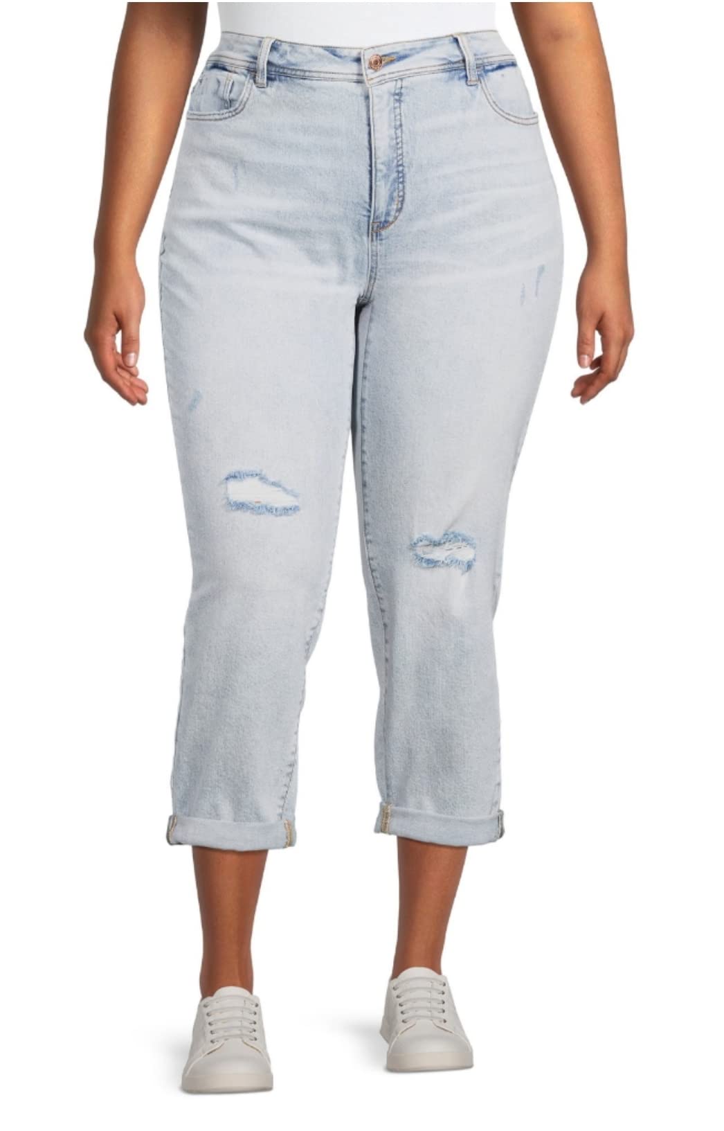 Terra & Sky Light Wash Plus Size Slim Boyfriend Jeans for Women - Size 18, Distressed Denim Pants, Comfortable High Waist Jeans for Casual Wear, Work & Everyday Outfits (Blue)