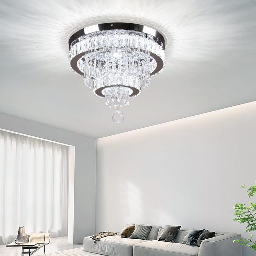 Modern Crystal Chandelier Flush Mount Ceiling Light - 16 Inch Dimmable LED Lighting Fixture with Remote Control for Bedroom, Dining Room, Living Room - Elegant Home Decor & Wedding Venue Lighting