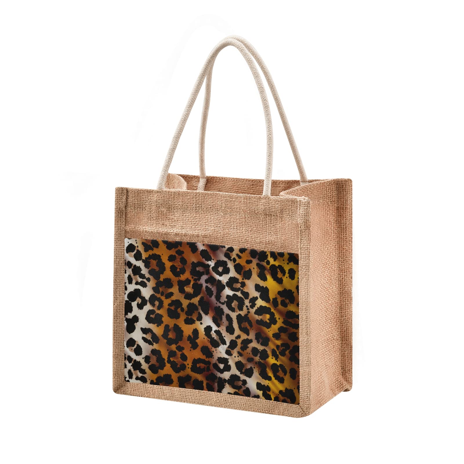 Stylish Brown Leopard Print Jute Tote Bag for Women - Eco-Friendly Grocery Shopping Bag with Sturdy Handles - 8.7 x 11.8 x 5.9 Inches - Perfect for Beach Outings, Farmers Market & Travel Accessories