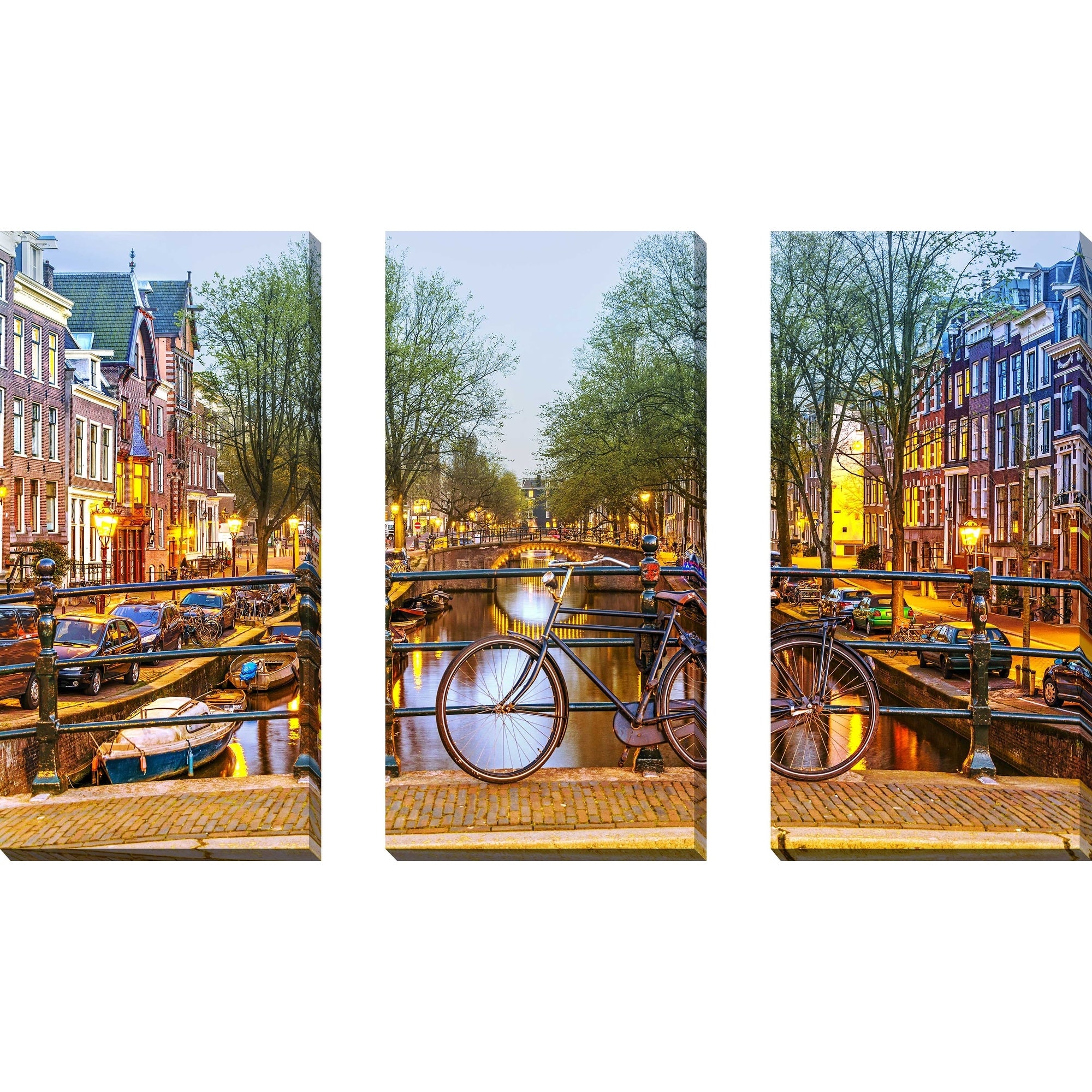 Amsterdam Bicycle 3 Piece Canvas Wall Art Set - Vintage Dutch Cityscape Decor for Living Room, Bedroom & Office