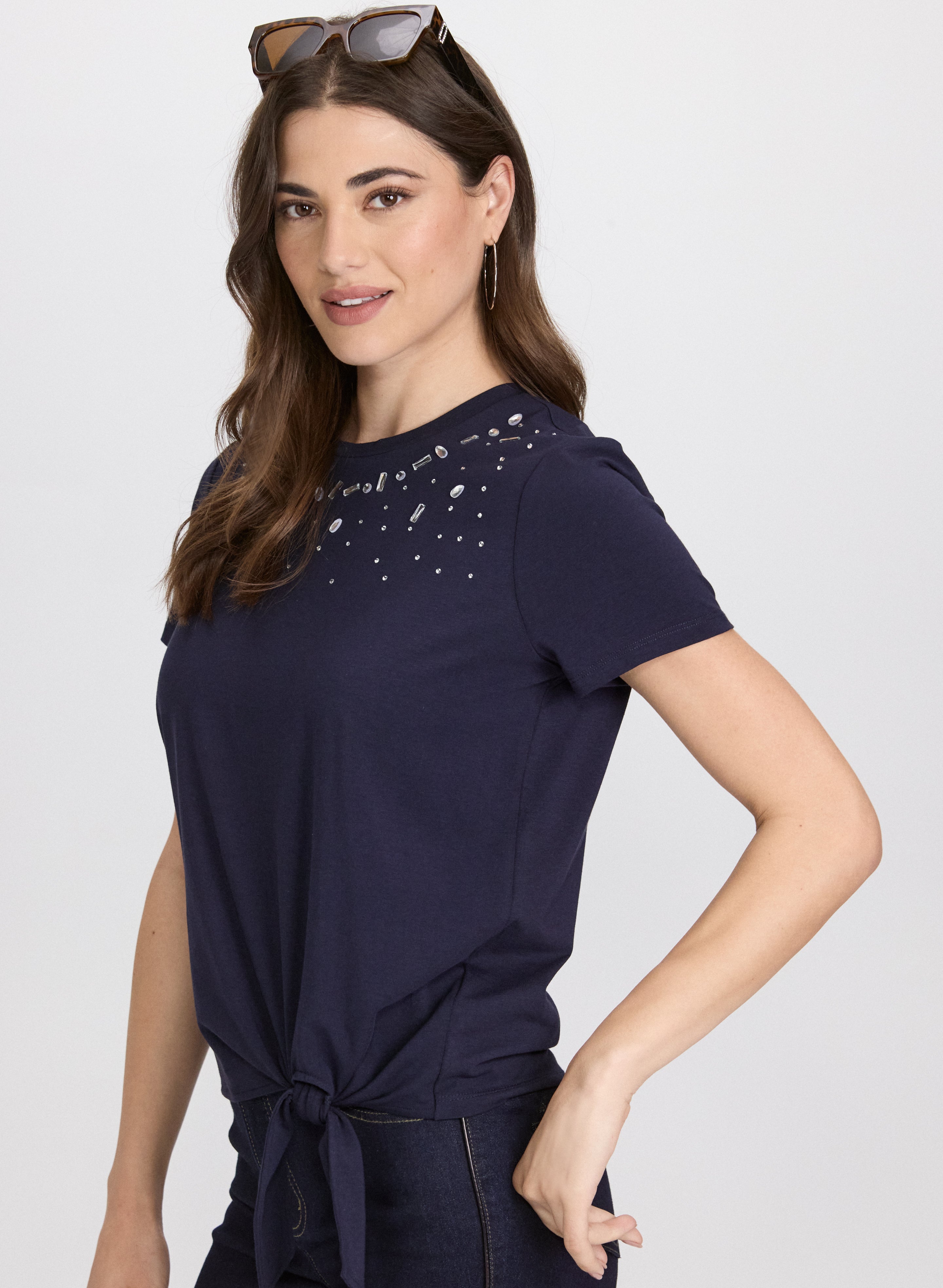 Crystal Trim T-Shirt for Women | Stylish Casual Top with Crystal Embellishments | Perfect for Parties, Dates & Everyday Wear