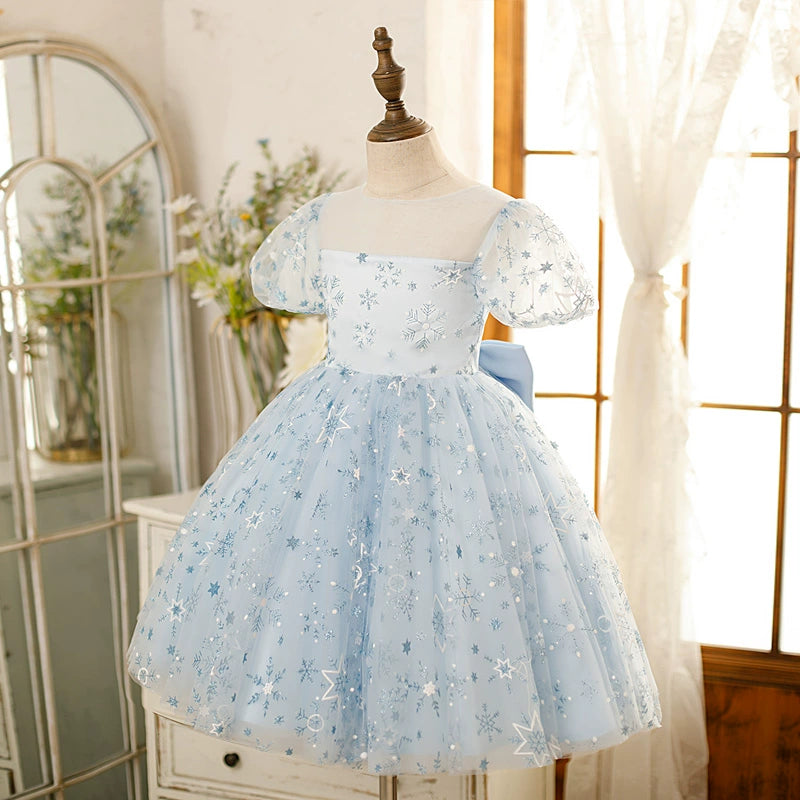 Dusty Blue Princess Square Tea Length Tulle Flower Girl Dress for Weddings & Special Occasions