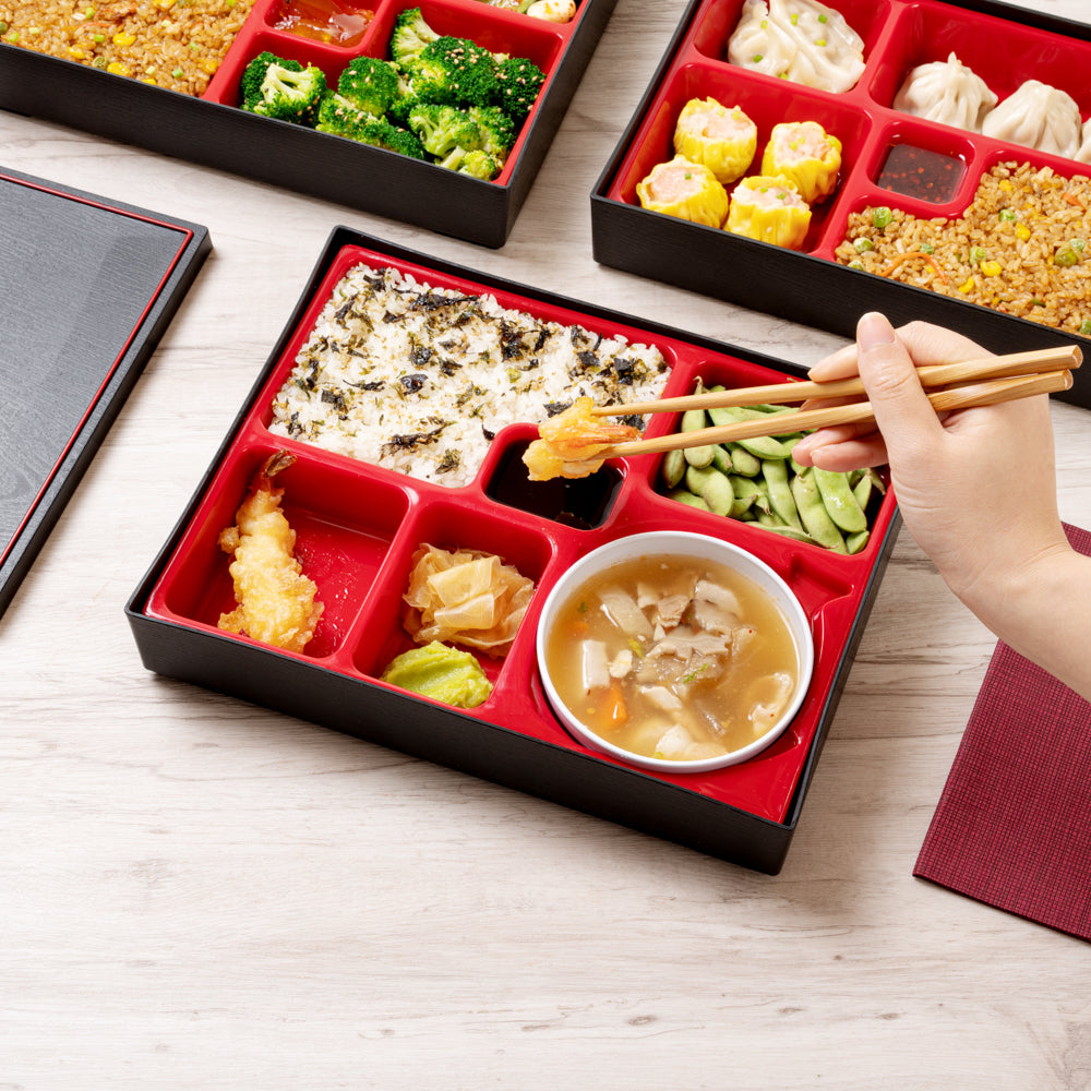 Premium Japanese Bento Box - Large 6-Compartment Lunch Container with Bowl, Black & Red Design (12.25