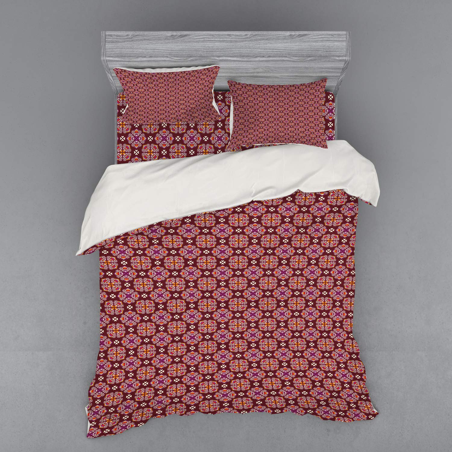 Ambesonne Bohemian Tribal Bedding Set - 4 Piece Queen Size Duvet Cover with Shams & Fitted Sheet, Abstract Floral Swirls & Curls Design, Multicolor | Perfect for Boho Chic Bedrooms & Guest Rooms