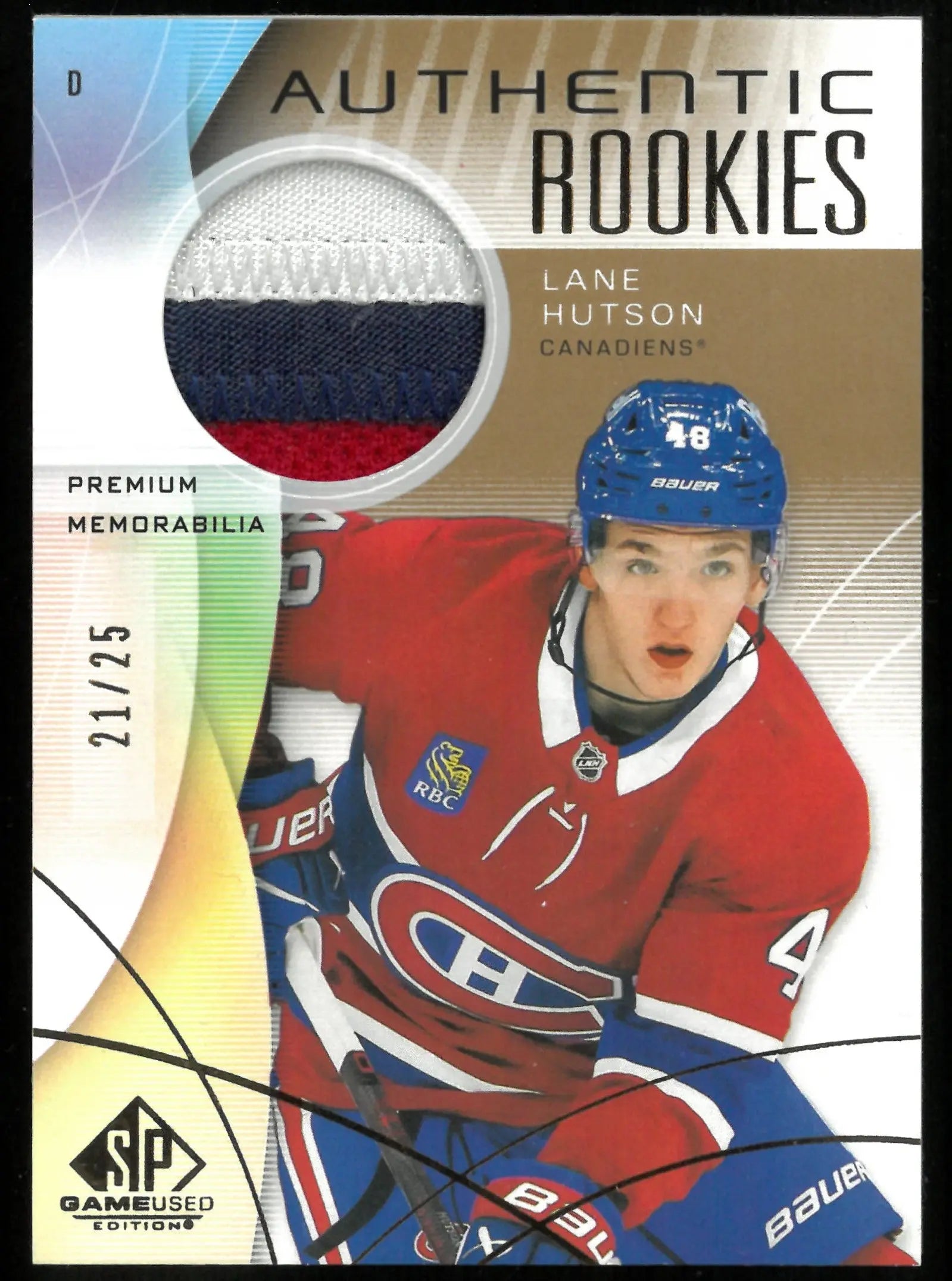 2024 Upper Deck SP Game Used Lane Hutson Authentic Rookie Gold Memorabilia Card /25 - Hockey Collectible for NHL Fans & Sports Memorabilia Enthusiasts