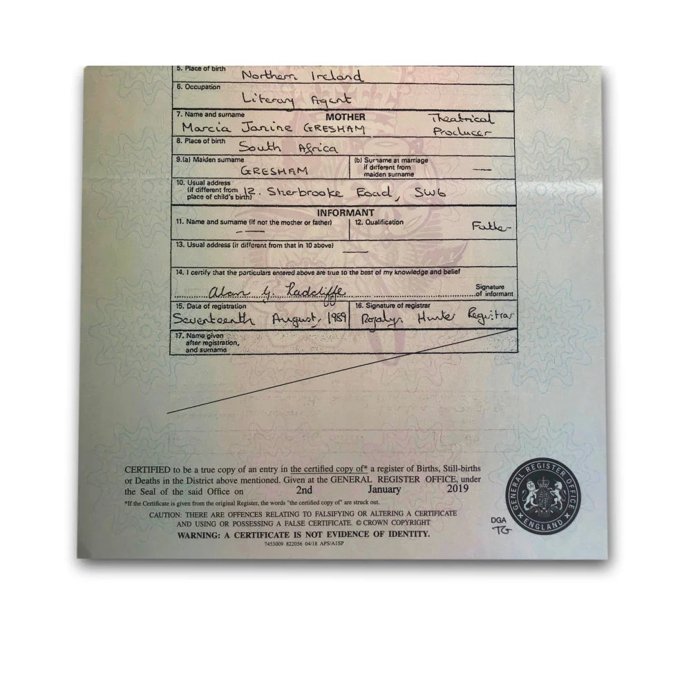 Daniel Radcliffe Certified UK Birth Certificate Copy - Authentic Harry Potter Memorabilia - Official J.K. Rowling Collection - Perfect for Fans, Collectors & Display