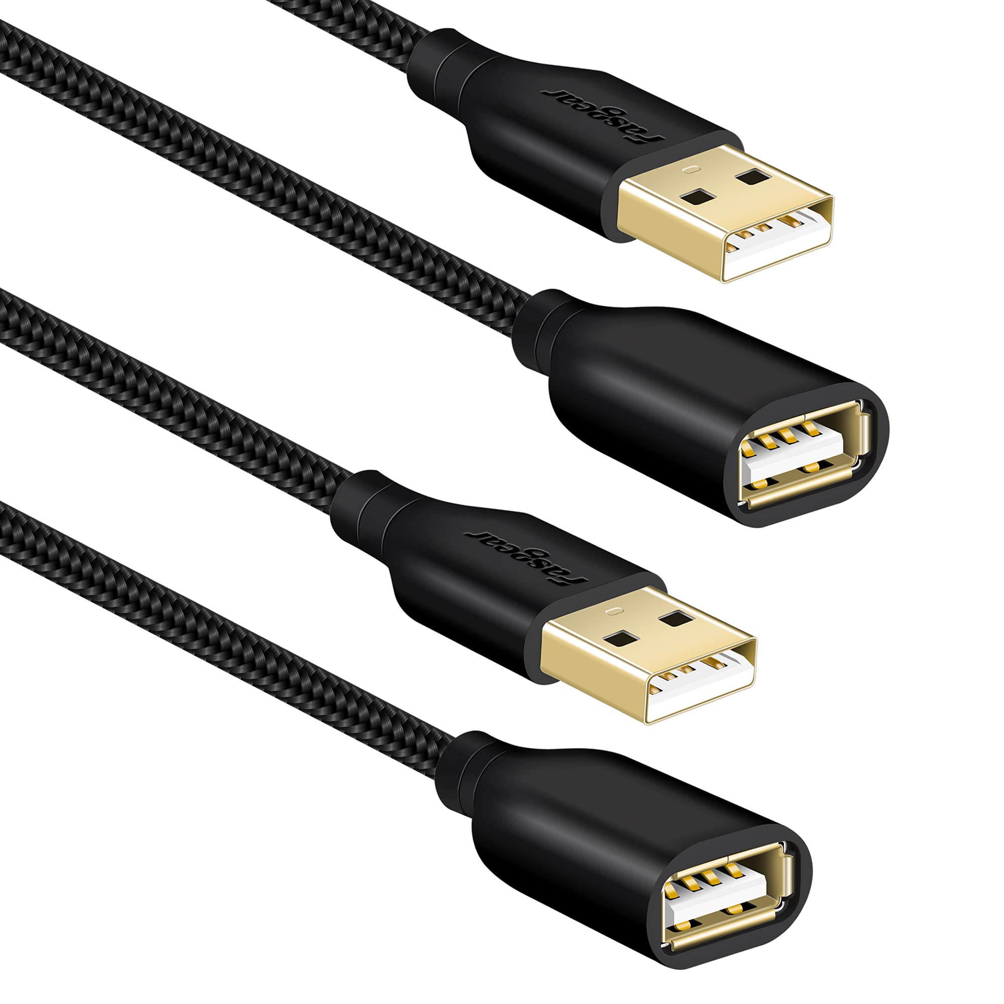 Fasgear USB 2.0 Extension Cable 2-Pack 10ft Male to Female USB Extender Cord for Charging & Data Sync - Compatible with Printers, Cameras, Mouse, Keyboards & Computer Accessories - Black | Perfect for Home Office, Gaming Setup & Remote Work Stations