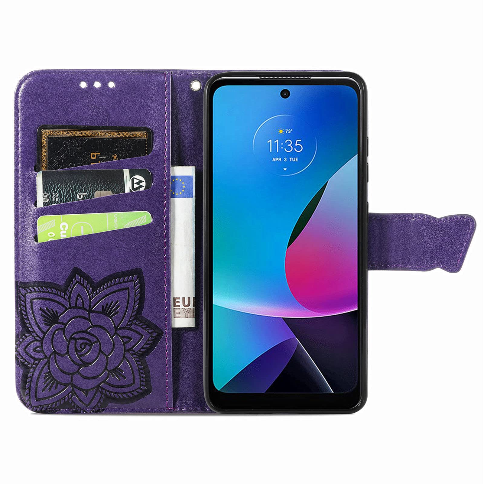 HAOTP PU Leather Wallet Flip Protective Case for Motorola Moto G Play 2023 - Built-in Card Slots, Stand Feature & Wrist Strap (Purple) | Perfect for Daily Use, Travel & Hands-Free Viewing