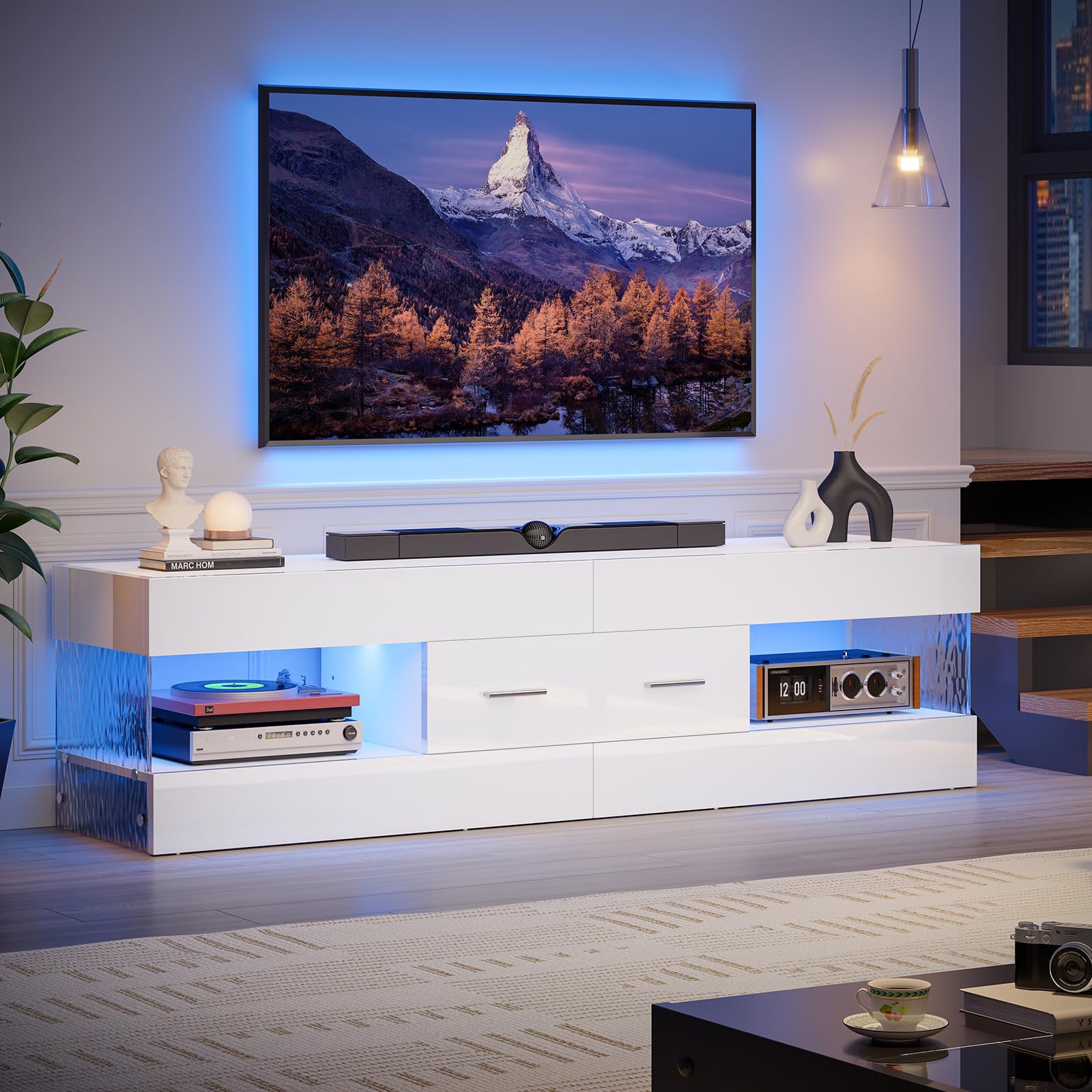 Bestier Modern TV Stand for 55-65 Inch TVs - High Gloss Entertainment Center with LED Lights, Stone-Patterned Side Panels & Large Storage Drawer - TV Console for Living Room, Bedroom (Glossy White) - Perfect for Home Theater Setup and Family Entertainment