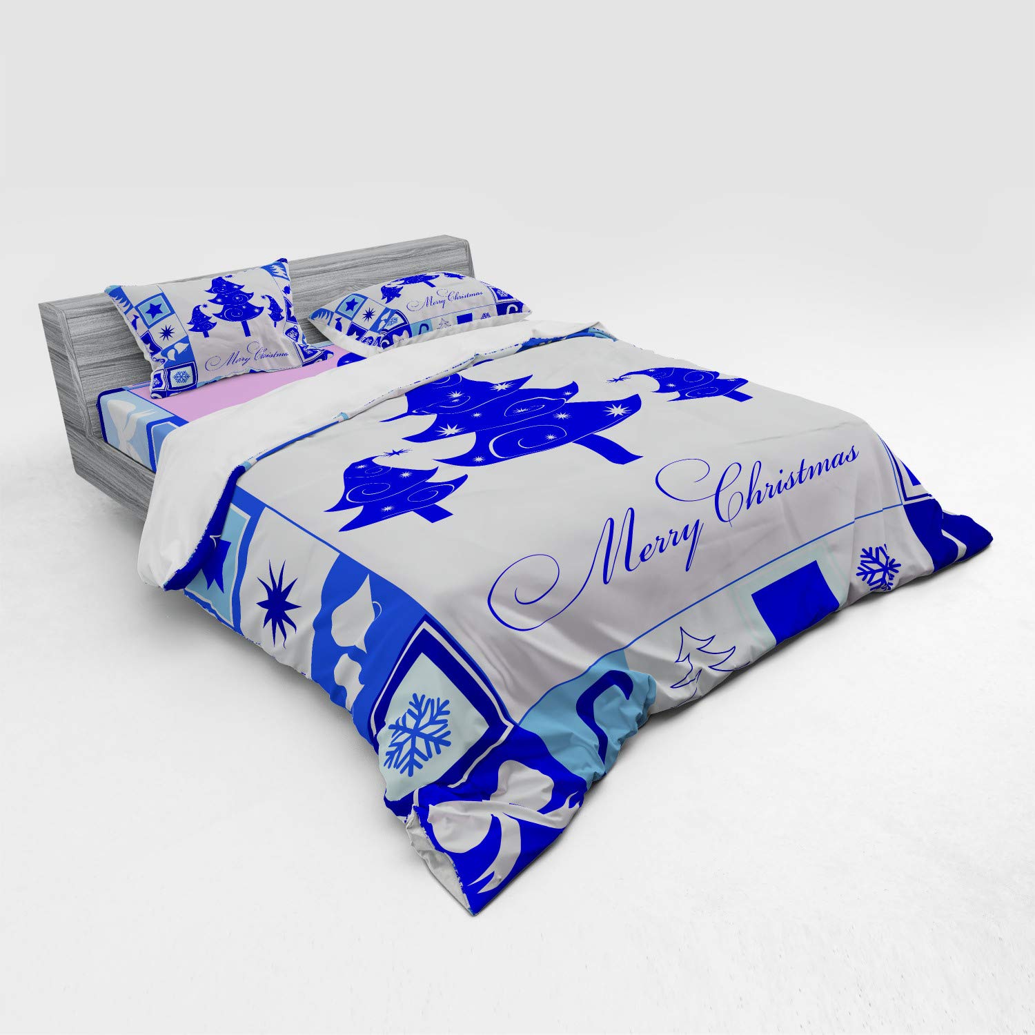 Ambesonne Christmas Duvet Cover Set - 4 Piece King Size Bedding Set with Shams & Fitted Sheet - Merry Christmas Words, Square Frames, Trees, Candy Star Design in Vermilion Pale Pink - Perfect for Holiday Home Decor, Cozy Winter Bedroom, and Festive Gift Giving