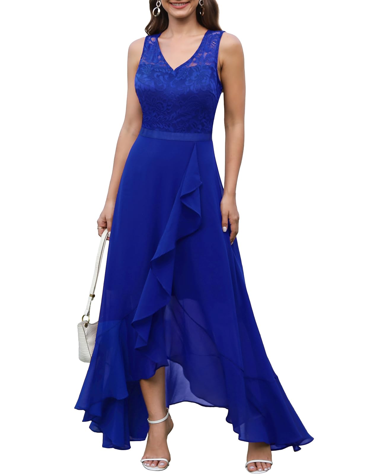 Elegant Long Lace Chiffon Wedding Guest Dress for Women - Ruffled Asymmetrical Hem A-Line Formal Bridesmaid Gown | Perfect for Weddings, Parties, and Special Occasions