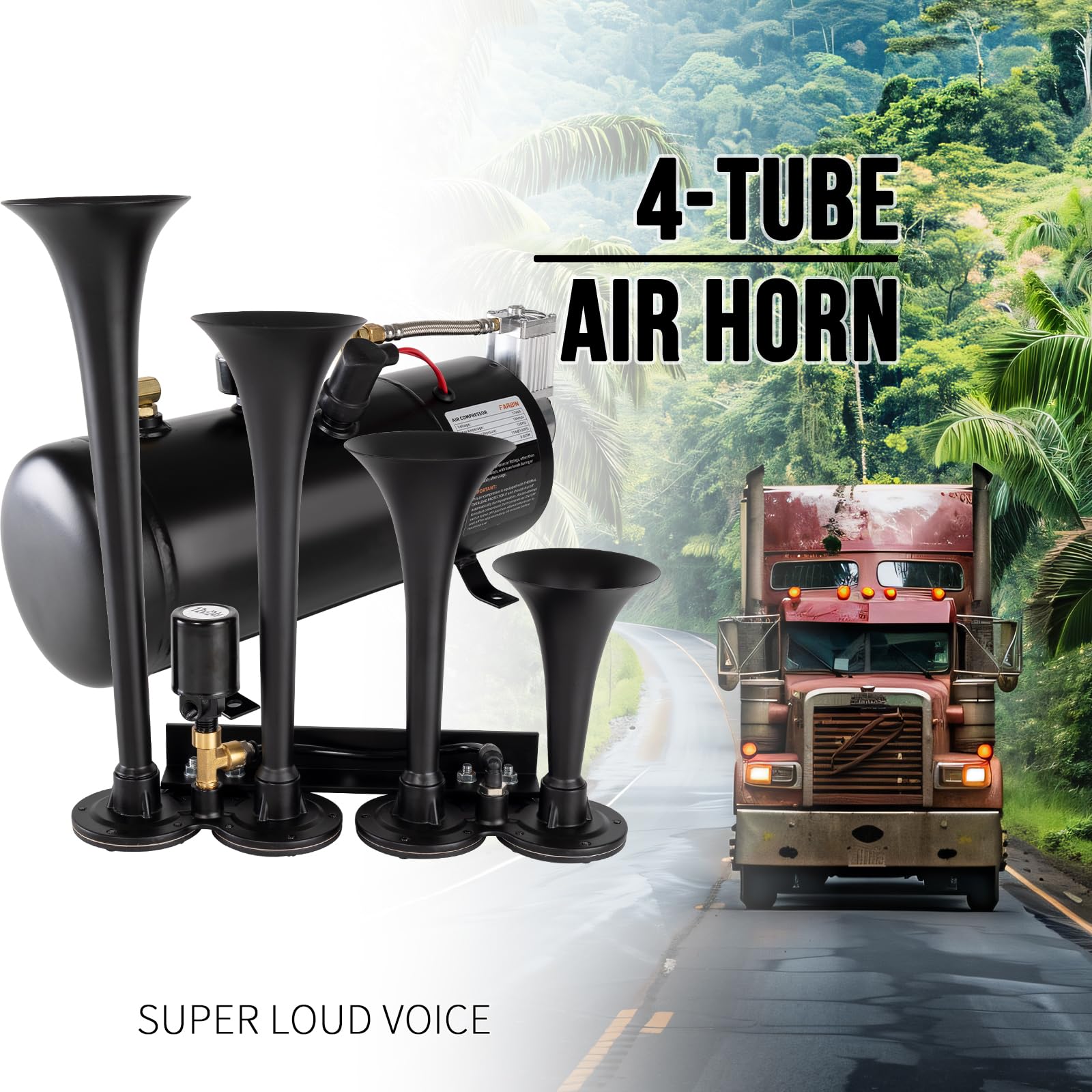 180dB Super Loud Train Horn Kit - 4 Trumpet Truck Air Horn with 150 PSI Air Tank & 0.8 Gallon Compressor - 12V Heavy Duty Vehicle Horn for Trucks, Jeeps, Pickups, SUVs (Black Parallel Horn Kit) - Perfect for Off-Roading, Emergency Alerts & Vehicle Customization