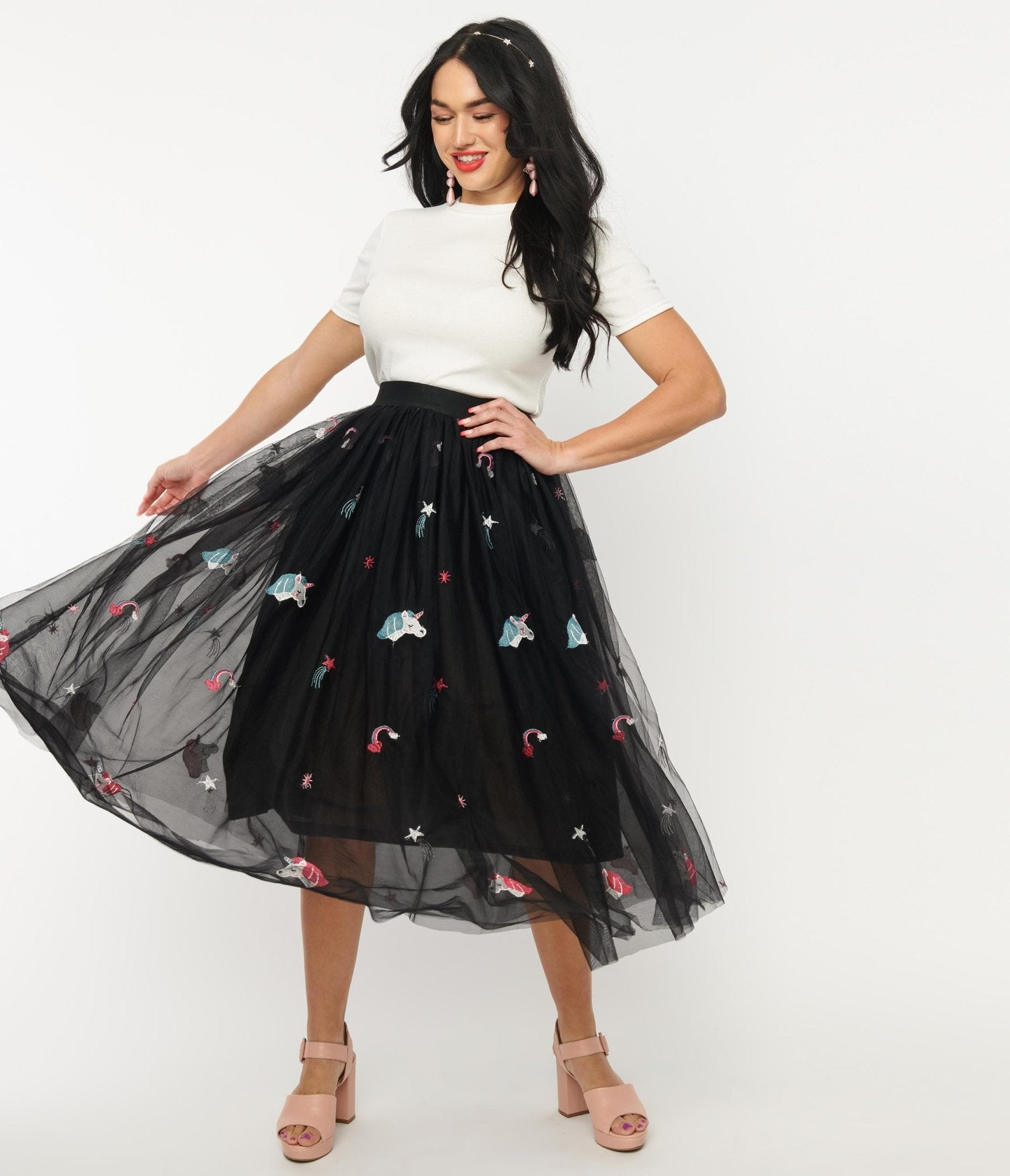 Vintage Black Tulle Rainbow Unicorn Party Skirt - Elegant Gothic Fairy Costume for Cosplay, Halloween, Fantasy Themed Events & Photo Shoots
