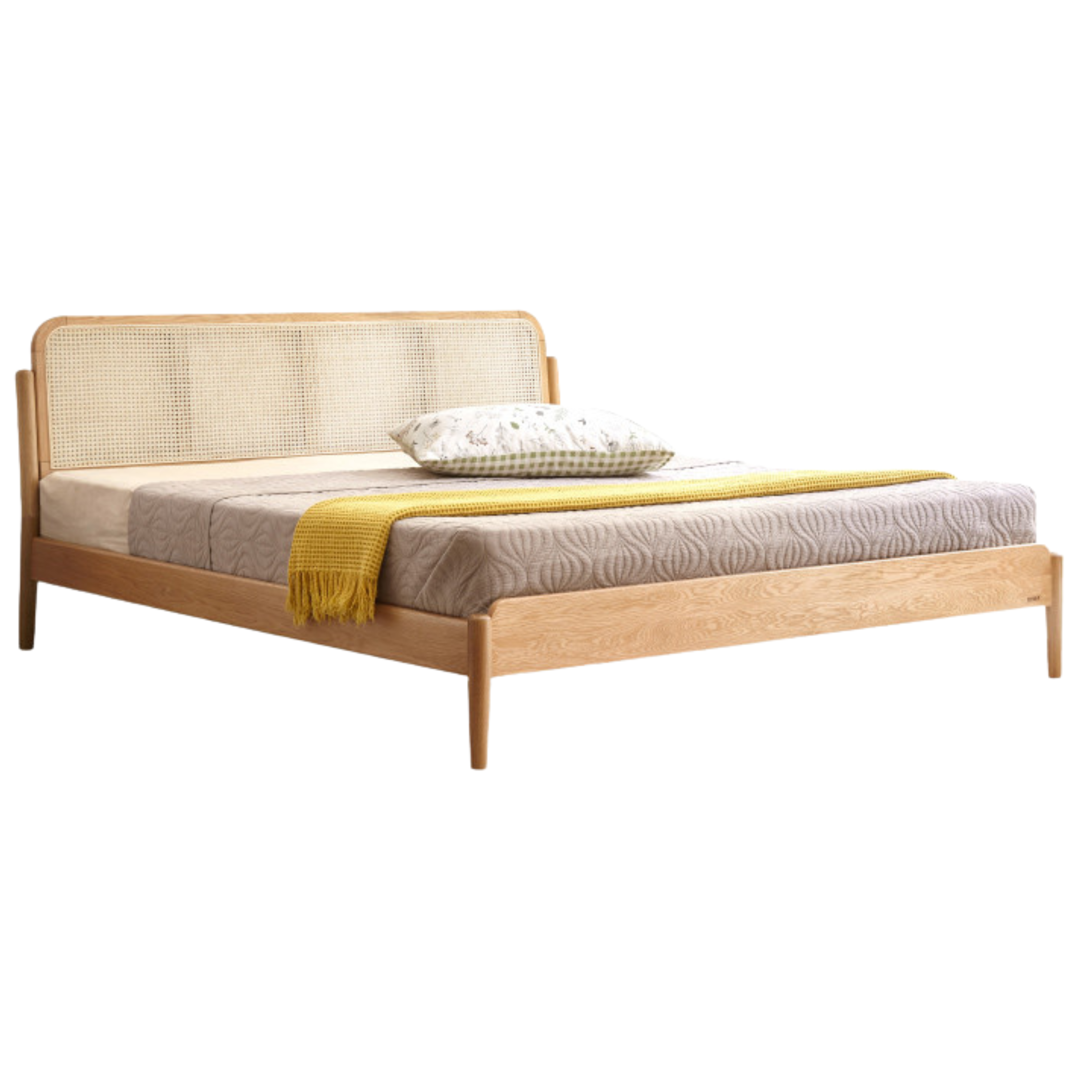 Solid Oak Wood Rattan Bed Frame - Queen Size, Natural Finish - Perfect for Bedroom, Guest Room & Farmhouse Decor