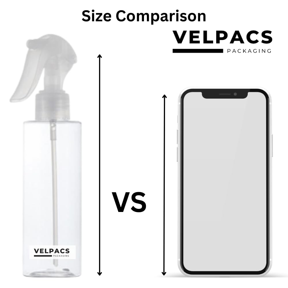 Velpacs 200ml Empty Plastic Spray Bottle with Trigger Sprayer - Pack of 2 | Refillable Hair Mist Bottle for Rosemary Oil, Perfume, Rosewater | Travel Size for DIY Beauty, Home Cleaning & Gardening Use