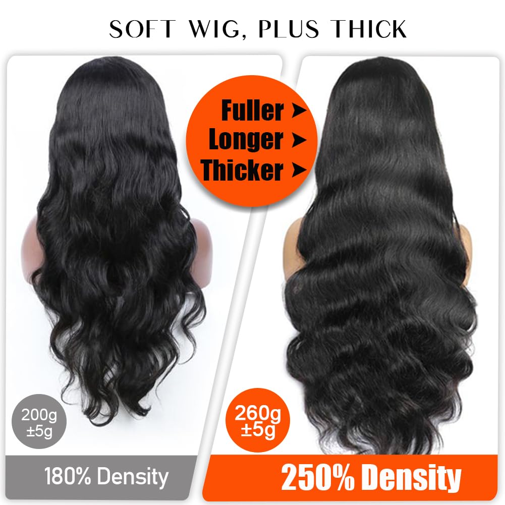 13x6 HD Lace Front Wig 250% Density Human Hair - Body Wave Glueless Wig with Pre-Plucked Hairline & Baby Hair for Black Women | Perfect for Daily Wear, Parties & Special Occasions (28 Inch)