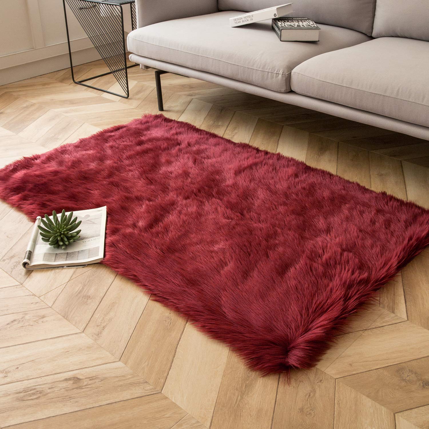 Ashler Faux Fur Rug - Ultra Soft Fluffy Shaggy Area Rug 3x5 Feet Rectangle, Deep Red Fuzzy Machine Washable Carpet for Nursery, Bedroom, Kids Room & Living Room | Cozy Home Decor, Perfect for Floor Lounging & Instagram-Worthy Interior Design