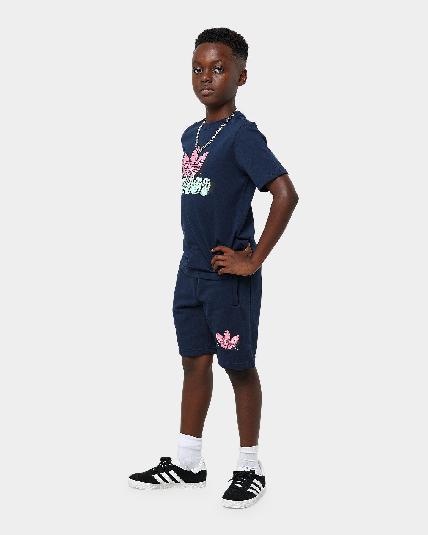 Adidas Kids Dino Graphic Athletic Shorts - Navy Blue & Pink Dinosaur Print - Comfortable Playwear for Boys & Girls - Perfect for Sports, Playground & Summer Activities