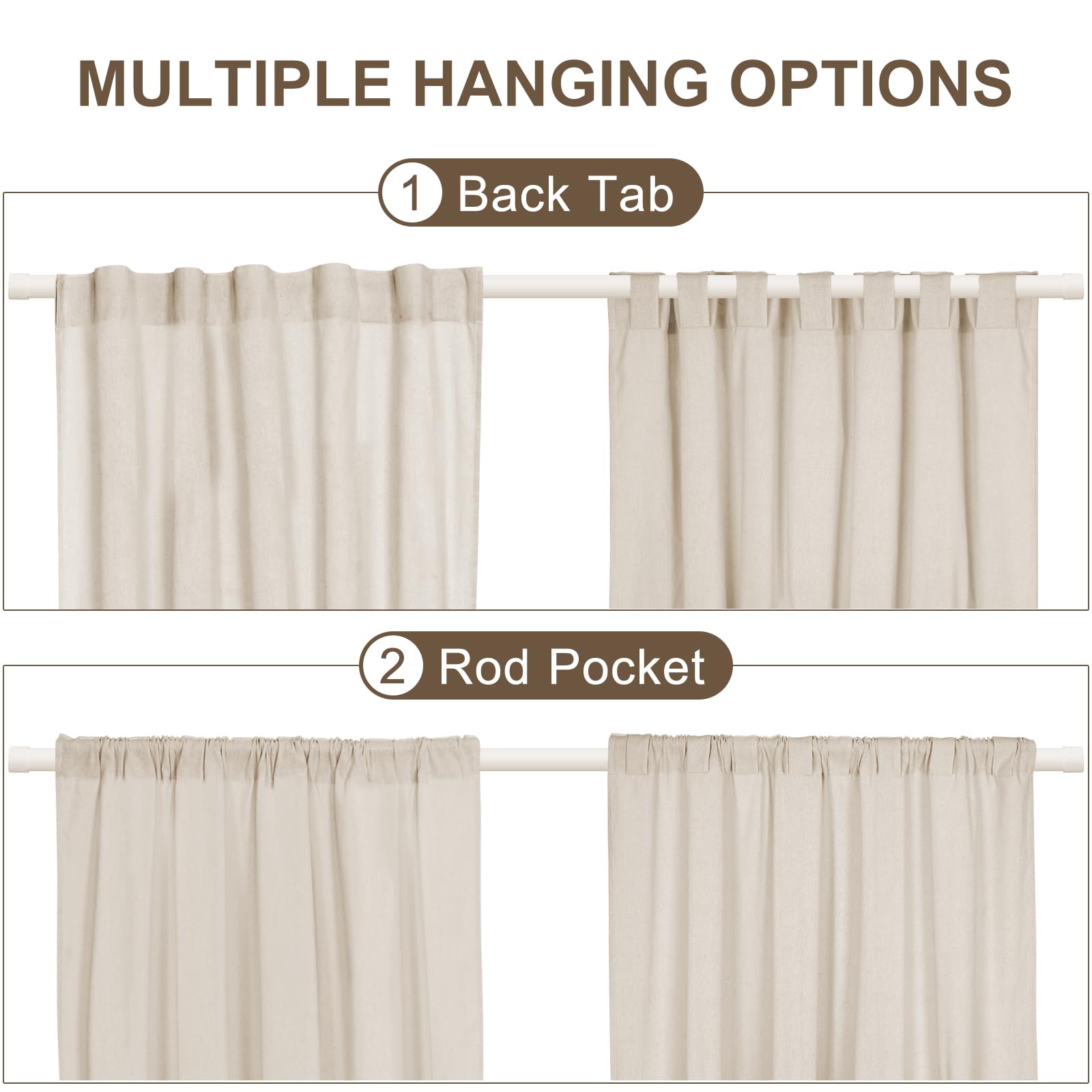 ASPMIZ 36 Inch Cotton Linen Kitchen Curtains - Farmhouse Rod Pocket Short Window Curtains with Brown Stripe, Boho Rustic Button Design for Bathroom & Cafe - Perfect for Small Windows, Kitchen Decor & Cozy Home Style