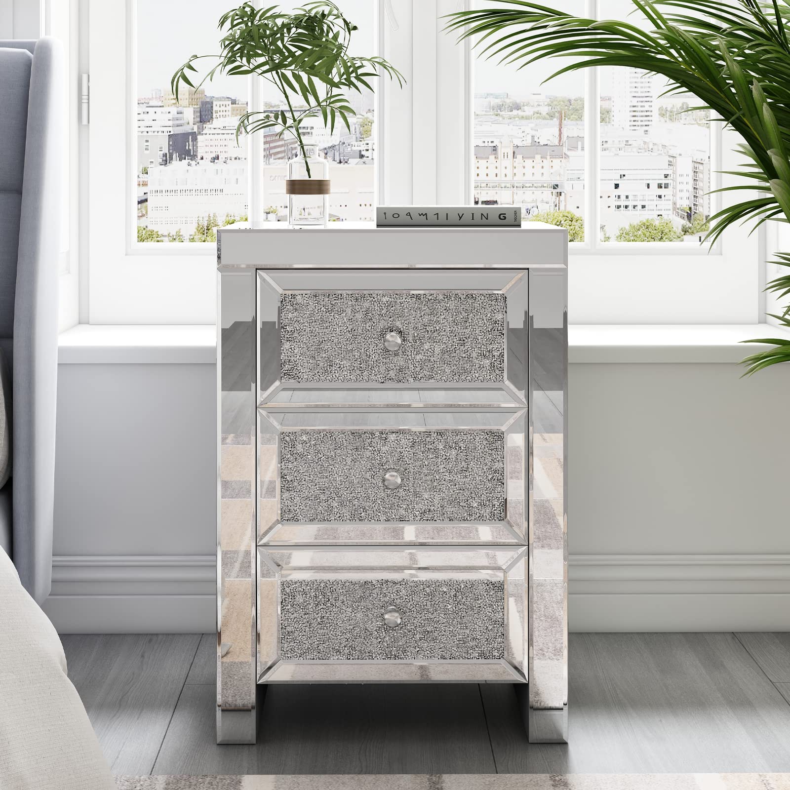 Holaki Mirrored Nightstand with 3 Drawers - Crystal Diamond Bedside Table for Bedroom & Living Room (Silver)
