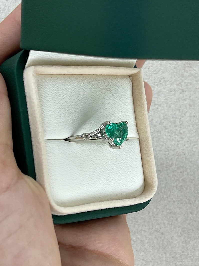 2.03ct Vivid Mint Green Heart Cut Colombian Emerald Solitaire Floral Ring - Elegant Engagement, Anniversary & Wedding Jewelry Gift for Her