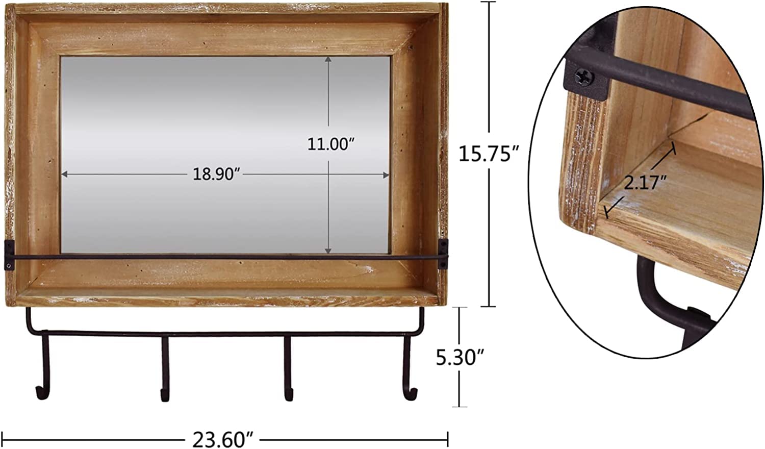 Rustic Brown Farmhouse Wall Mirror with Hooks - 23.6