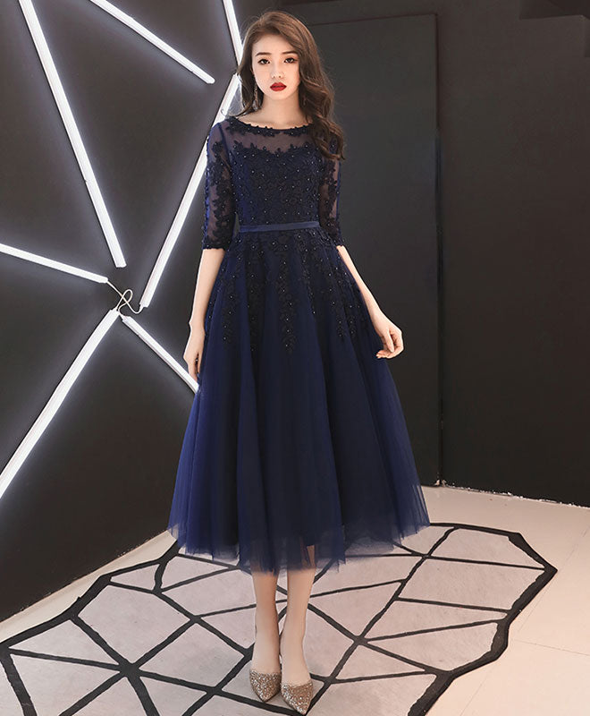 Elegant Blue Round Neck Tulle Lace Prom Dress | Tea Length Homecoming Dress for Women | Perfect for Formal Dances, Weddings & Special Occasions