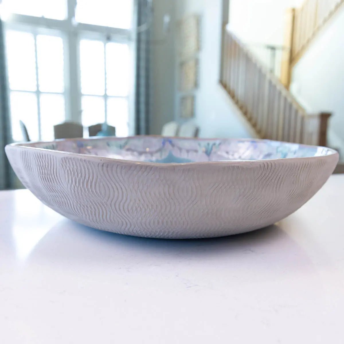 XXL Gray Stoneware Serving Bowl - Handcrafted Decorative Bowl with Floral Design in Greens, Blues & Creams (Alchemy Collection) - Perfect for Dining, Home Decor, and Gift Giving