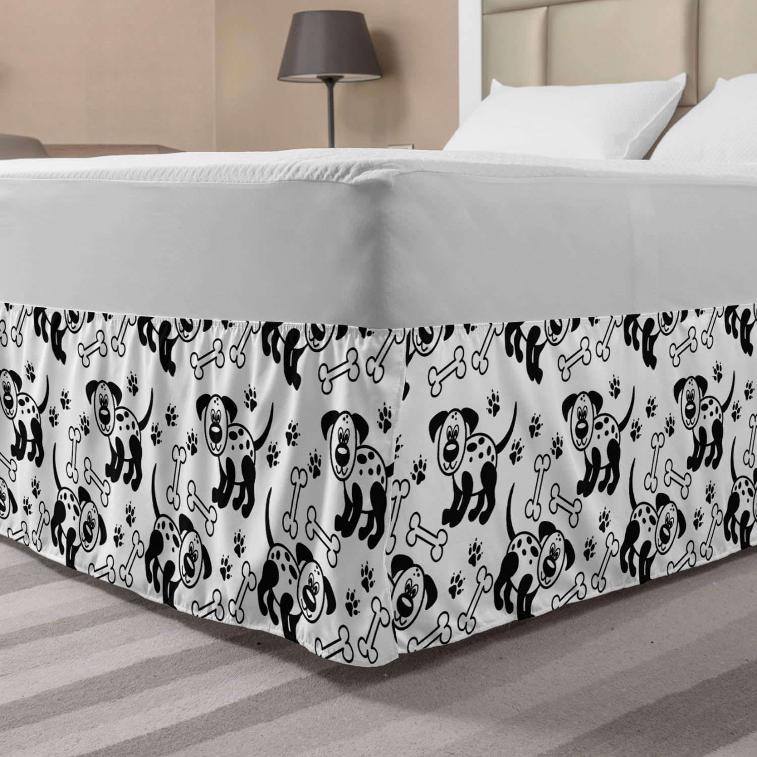 Ambesonne Elastic Bed Skirt with Monochrome Puppy Paws Design - King Size Dust Ruffle for Bedroom Decor, Charcoal Grey & White - Perfect for Modern Home Styling and Pet Lovers