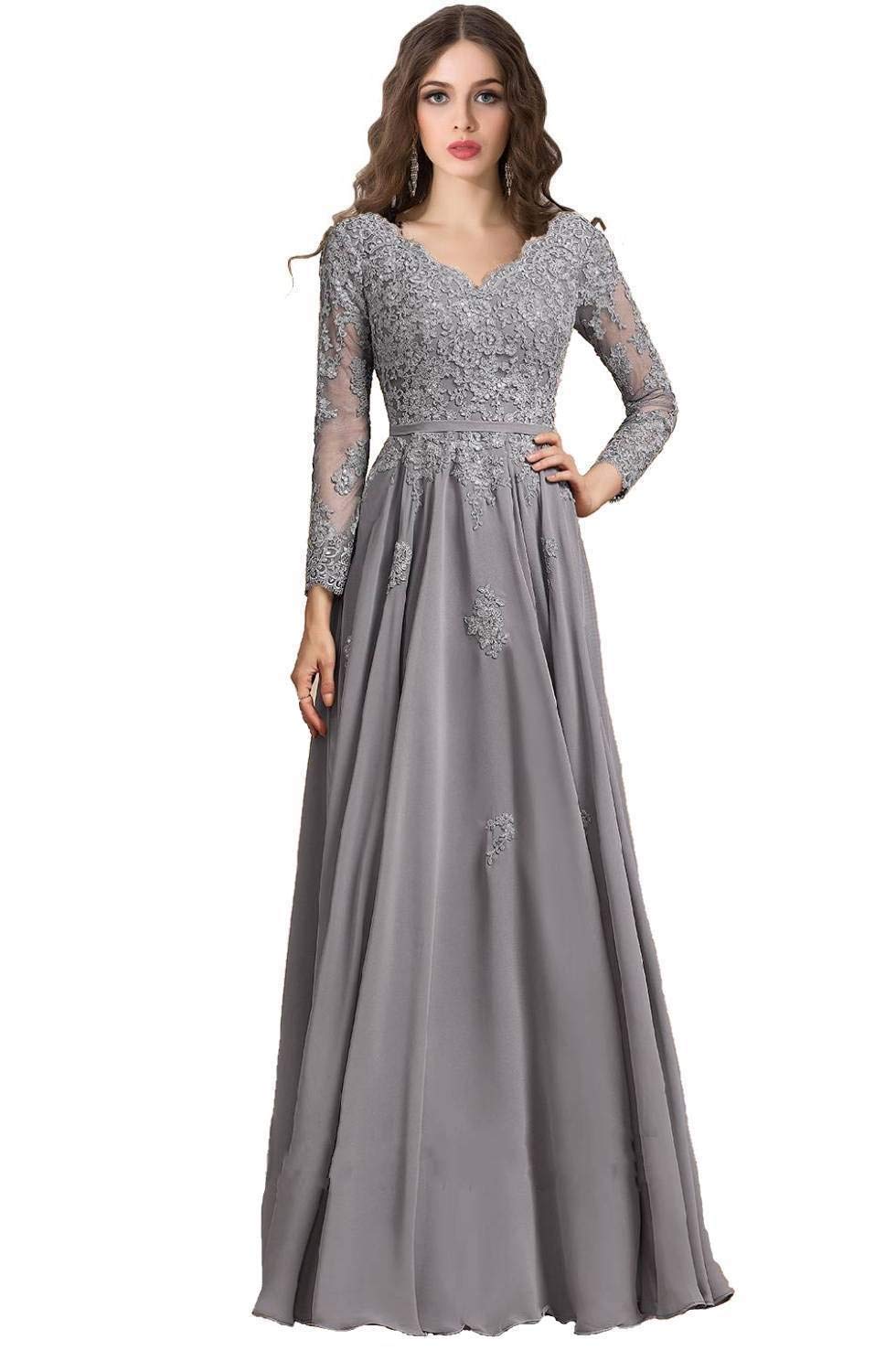 Elegant V-Neck Chiffon Lace Mother of The Bride Dress - Long Sleeve Formal Gown for Weddings, Bridesmaid Dresses, Special Occasions & Evening Events
