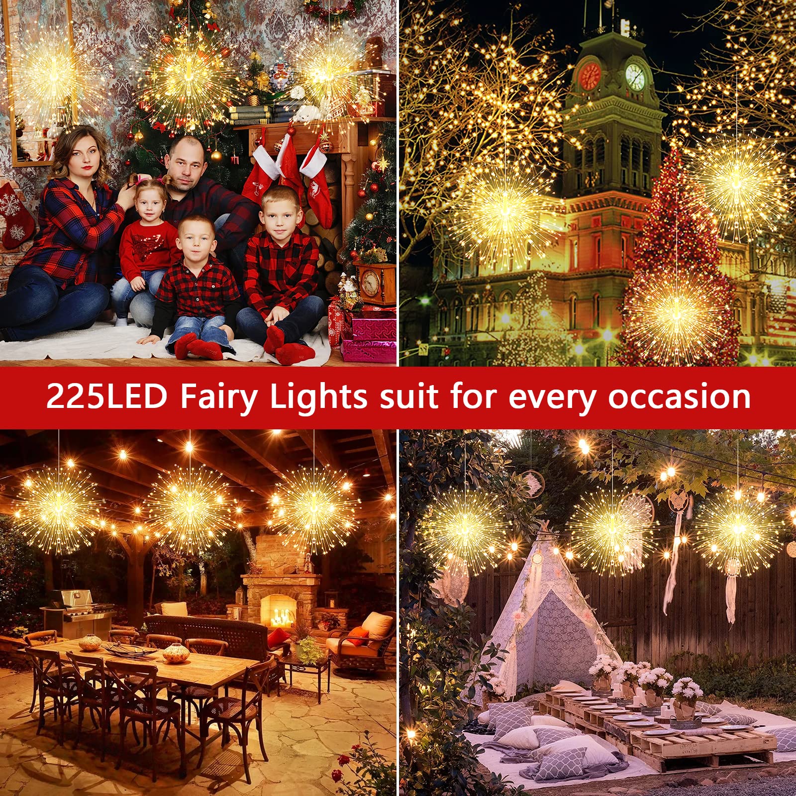 Fairy Christmas String Lights - 225 LED Dimmable with Remote for Indoor/Outdoor Decor