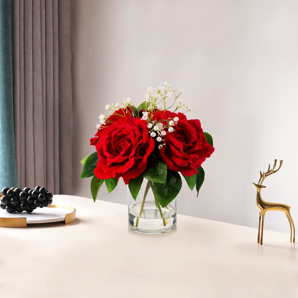 ENOVA FLORAL 4-Heads Large Silk Rose Artificial Flowers in Vase - Realistic Red Fake Roses with Faux Water for Wedding, Home, Office & Event Decor - Perfect for Centerpieces, Table Settings & Romantic Ambiance