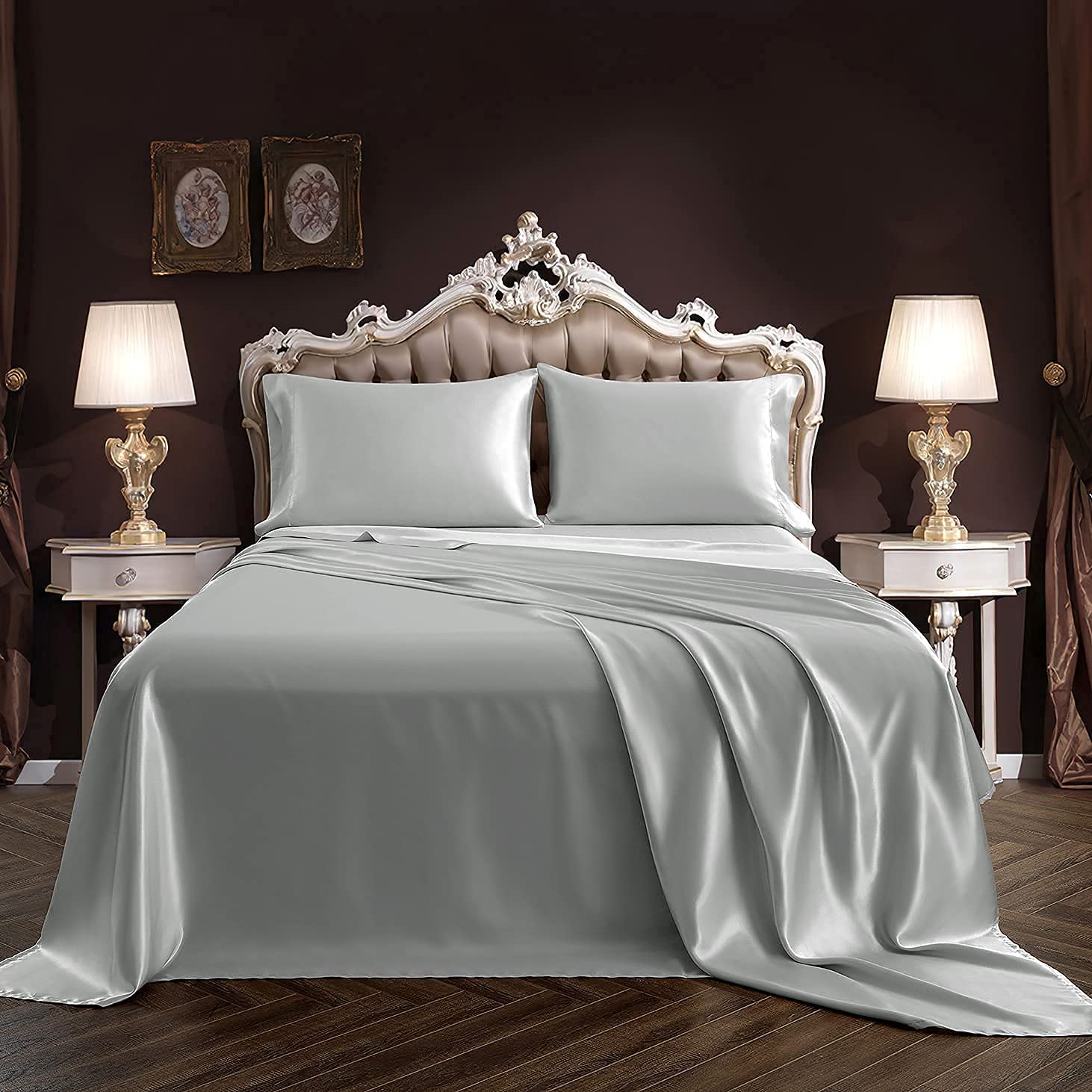 SiinvdaBZX 4-Piece Queen Size Satin Sheet Set - Ultra Soft & Silky Light Grey Bedding with Deep Pockets (1 Fitted Sheet, 1 Flat Sheet, 2 Pillowcases with Envelope Closure) - Luxury Bed Sheets for Hotel-Style Comfort, Wedding Gift & Romantic Bedroom Decor