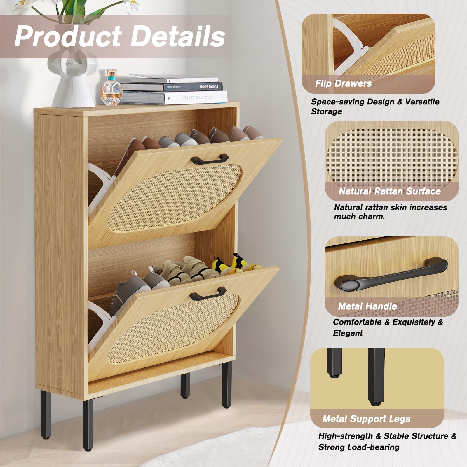 SUNCROWN 2-Tier Flip-Drawer Shoe Storage Cabinet - Freestanding Narrow Shoe Rack Organizer with Natural Rattan Doors for Entryway, Hallway, or Closet - Brown Wooden Shoe Shelf for Home Organization & Space Saving