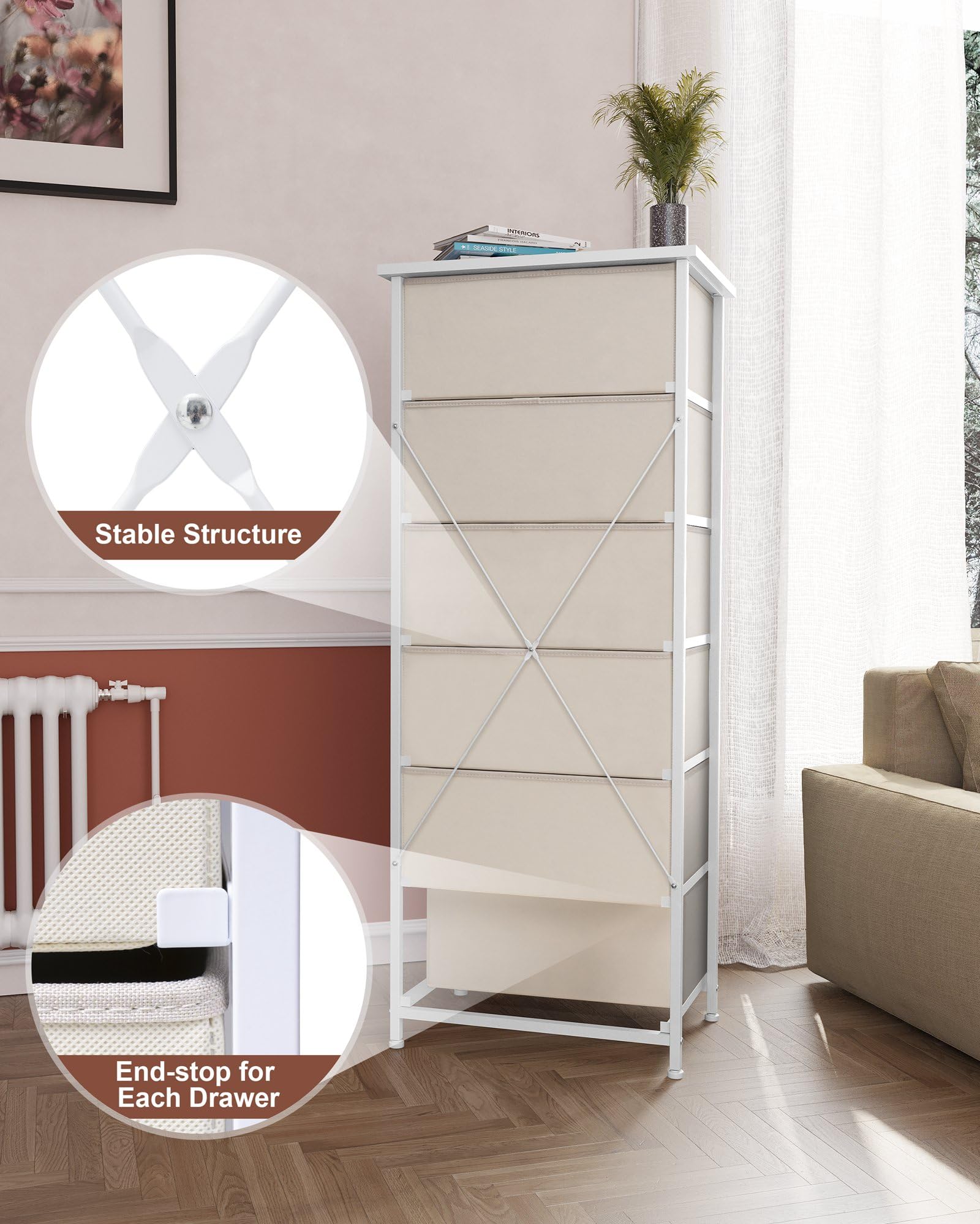 Crestlive 6-Drawer Tall Dresser for Closet - Vertical Storage Tower with Sturdy Steel Frame & Wood Top | Easy Pull Fabric Bin Handles | Bedroom, Hallway & Entryway Organizer | Perfect for Small Spaces & Apartment Living (Beige)