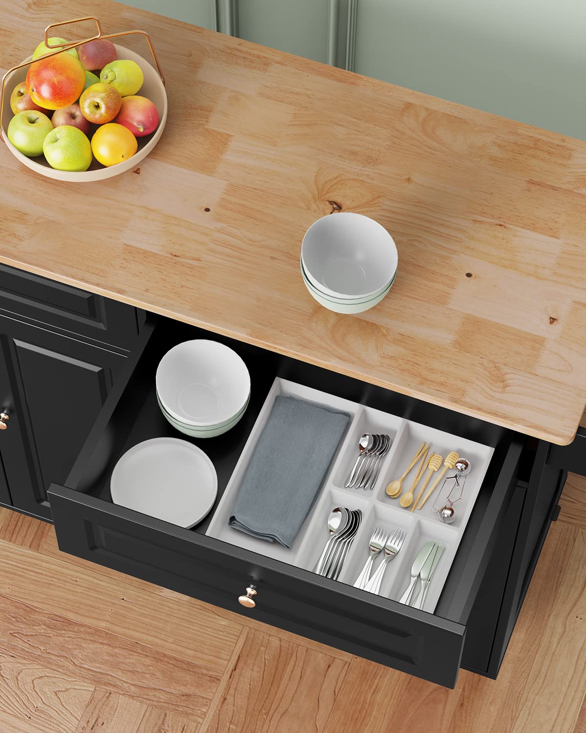 Kitchen Island with Storage & Side Rack - 5-Wheel Mobile Kitchen Cart with Durable Rubber Wood Top (Black) - Perfect for Small Kitchens, Food Prep, and Extra Counter Space