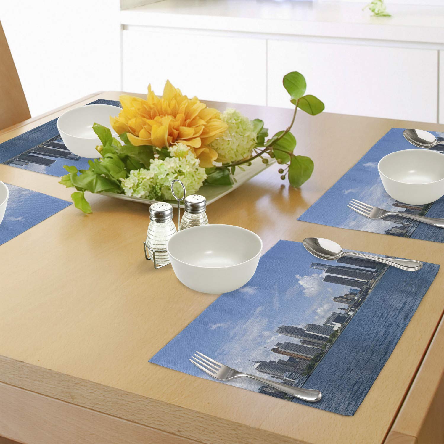 Ambesonne Detroit Placemats Set of 4 - Waterproof Washable Fabric Place Mats with Downtown Detroit GM Renaissance Center Design - Perfect for Dining Room, Kitchen Table Decor in Pale Blue White Grey - Ideal for Dinner Parties, Family Gatherings & Holiday Meals