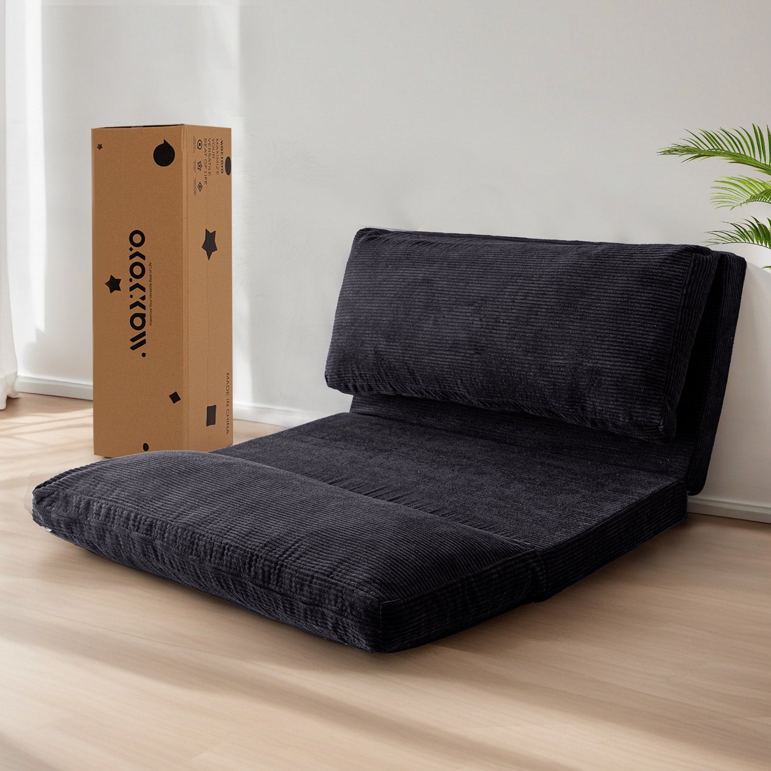 MAXYOYO Corduroy Bean Bag Sofa Bed - Foldable, Washable, Black | Comfortable Lounge Chair for Living Room, Bedroom, Dorm & Game Room