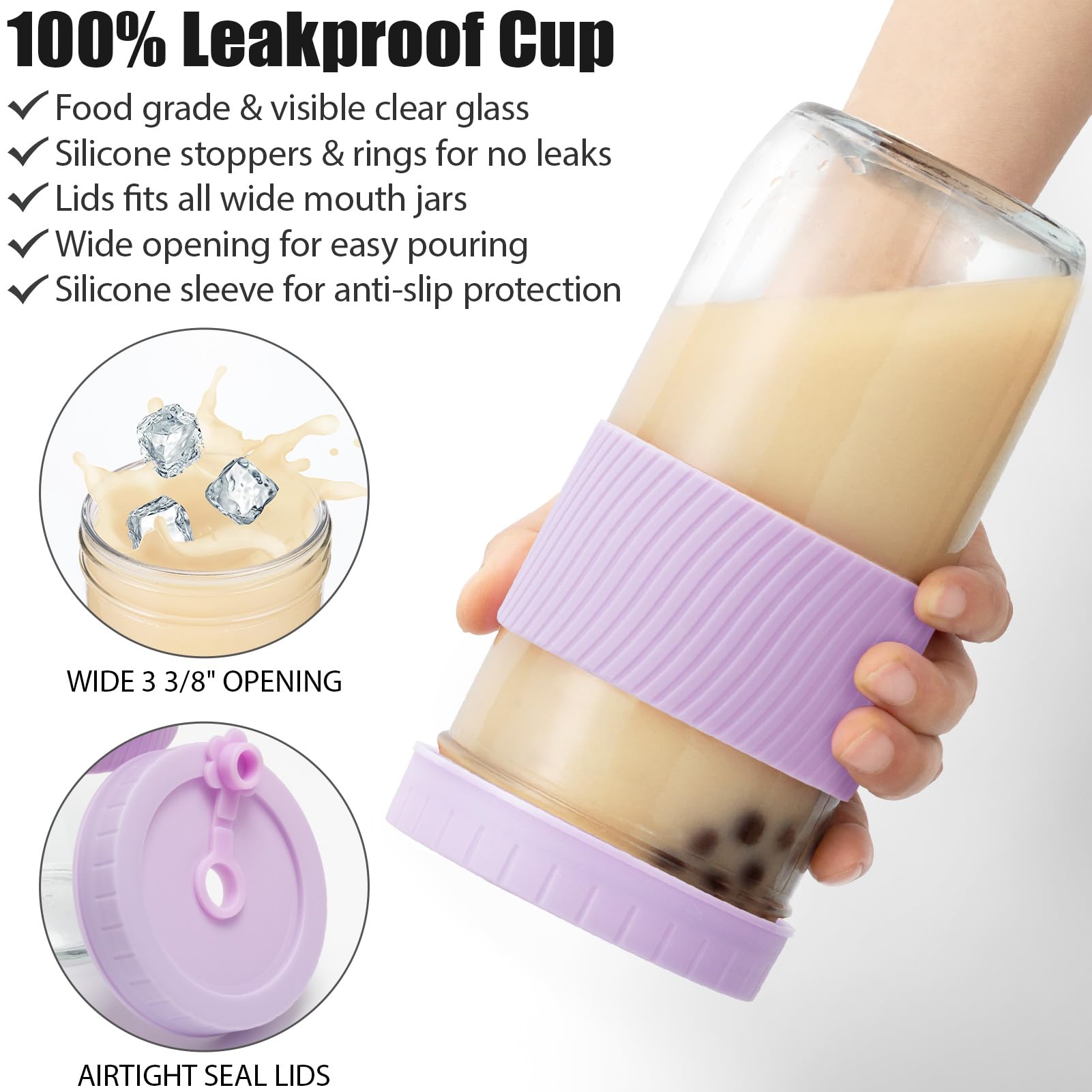 Eco-Friendly 24oz Glass Mason Jars with Lids & Straws - 2 Pack Reusable Wide Mouth Smoothie Cups, Leakproof Bubble Tea Tumblers with Silicone Sleeves - Perfect for Iced Coffee, Juice, Travel & Large Pearl Boba Drinks