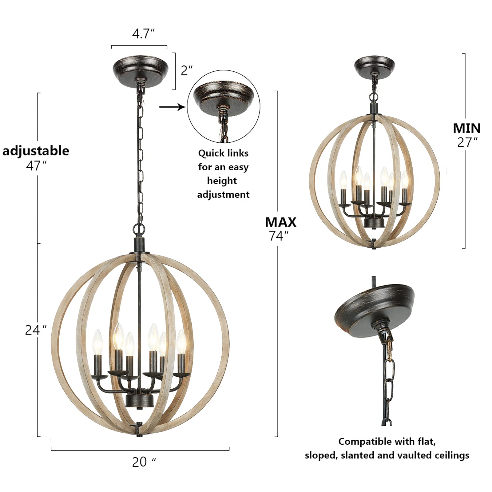 Handmade Wooden Orb 6-Light Farmhouse Chandelier with Brown Glass Globes - 20